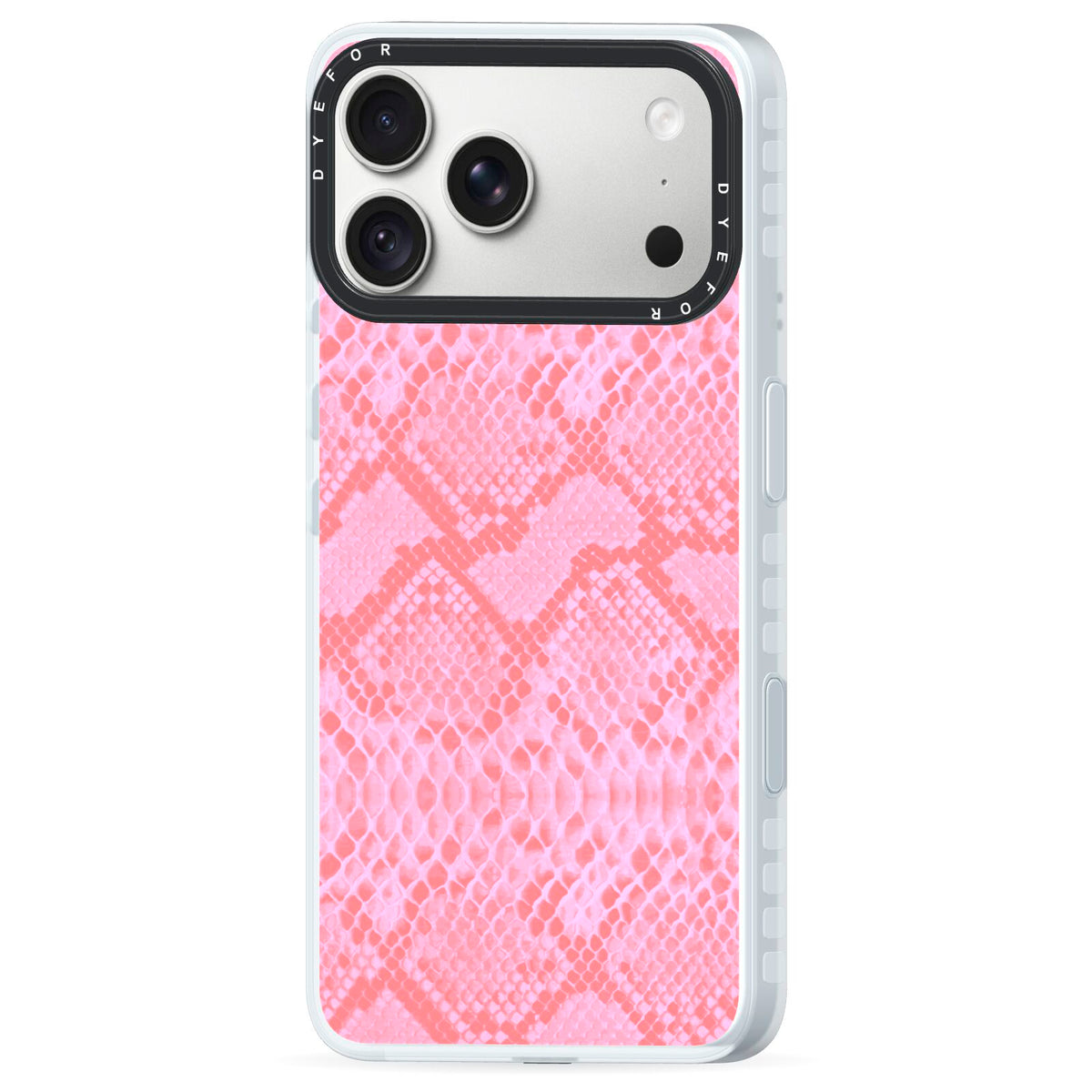Pink Snakeskin iPhone 18 Pro Max Black Impact Pre order Case Side Angle on Silver phone