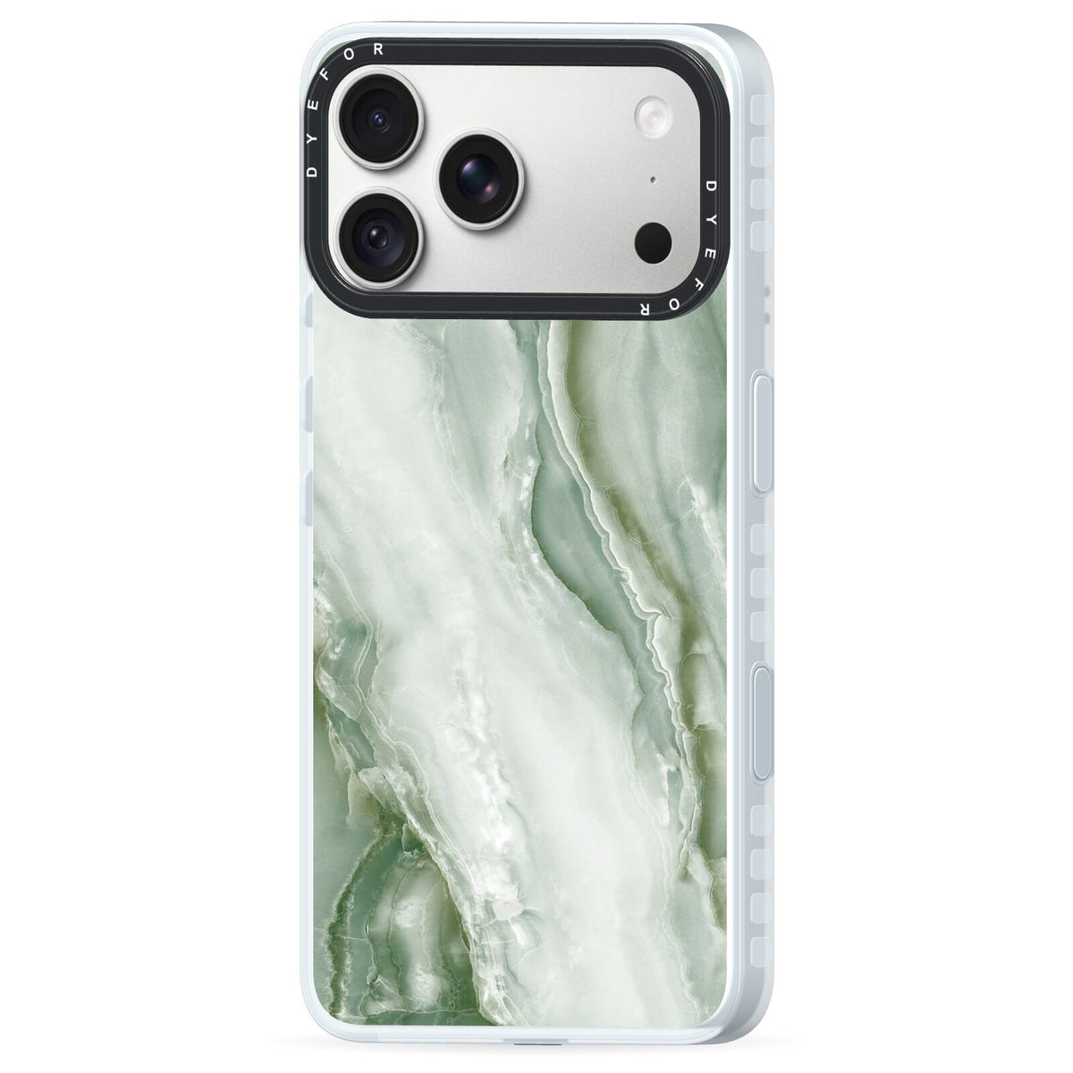 Pistachio Green Marble iPhone 18 Pro Black Impact Pre order Case Side Angle on Silver phone