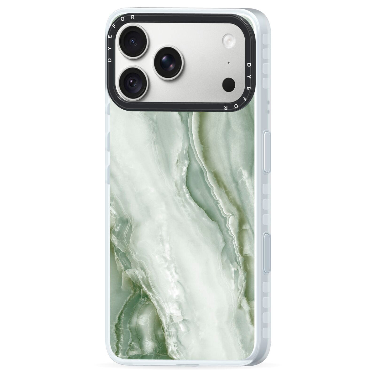Pistachio Green Marble iPhone 18 Pro Max Black Impact Pre order Case Side Angle on Silver phone