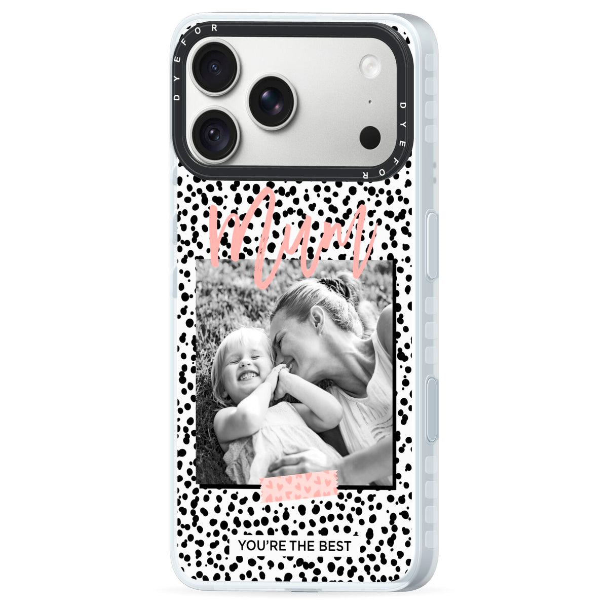 Polka Dot Mum iPhone 18 Pro Black Impact Pre order Case Side Angle on Silver phone