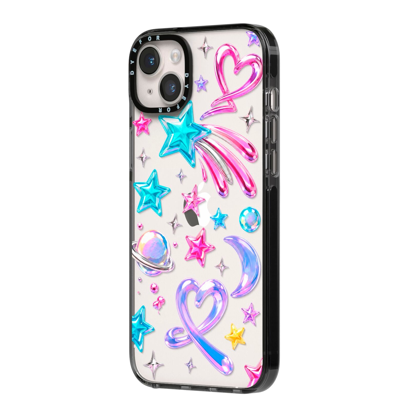 Prism Pop iPhone 14 Plus Black Impact Case Side Angle on Silver phone