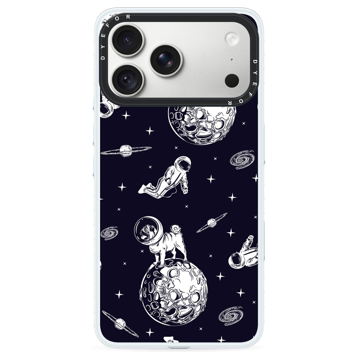 Pug in Space iPhone 18 Pro Black Impact Pre order Case on Silver phone