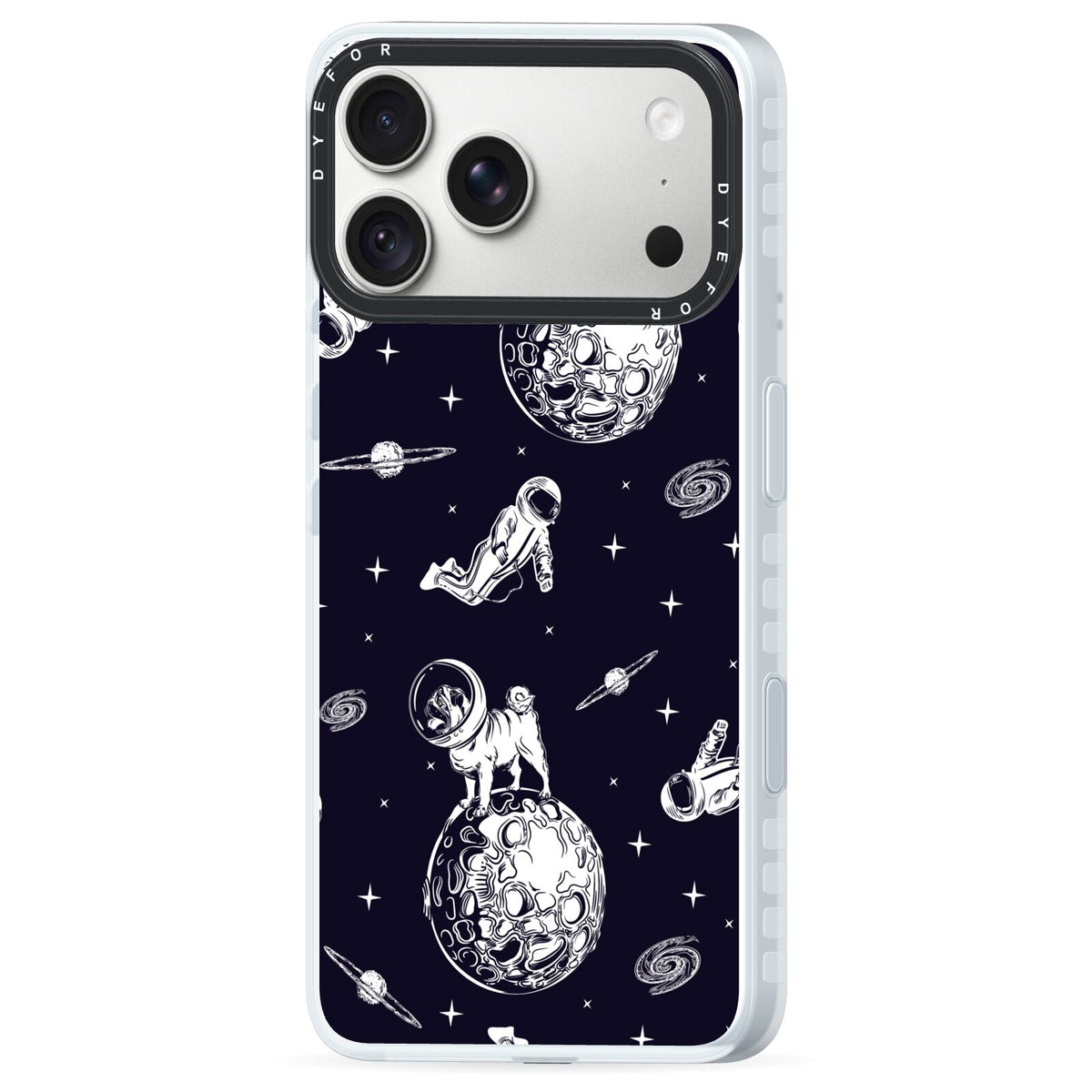 Pug in Space iPhone 18 Pro Max Black Impact Pre order Case Side Angle on Silver phone