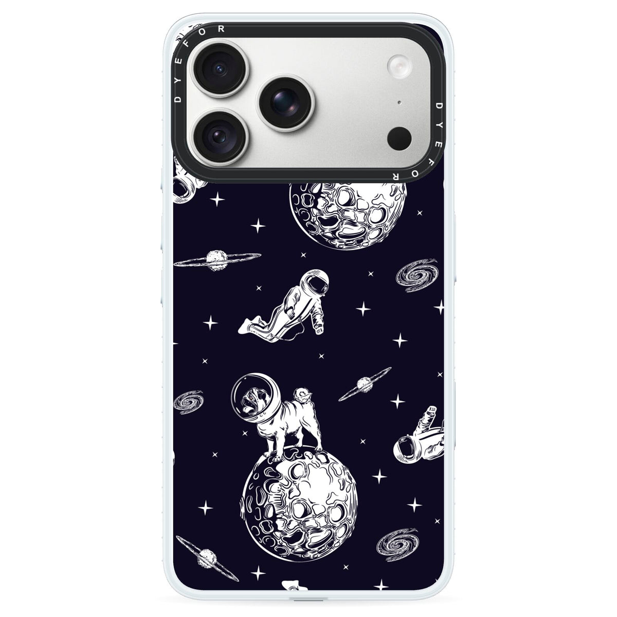 Pug in Space iPhone 18 Pro Max Black Impact Pre order Case on Silver phone