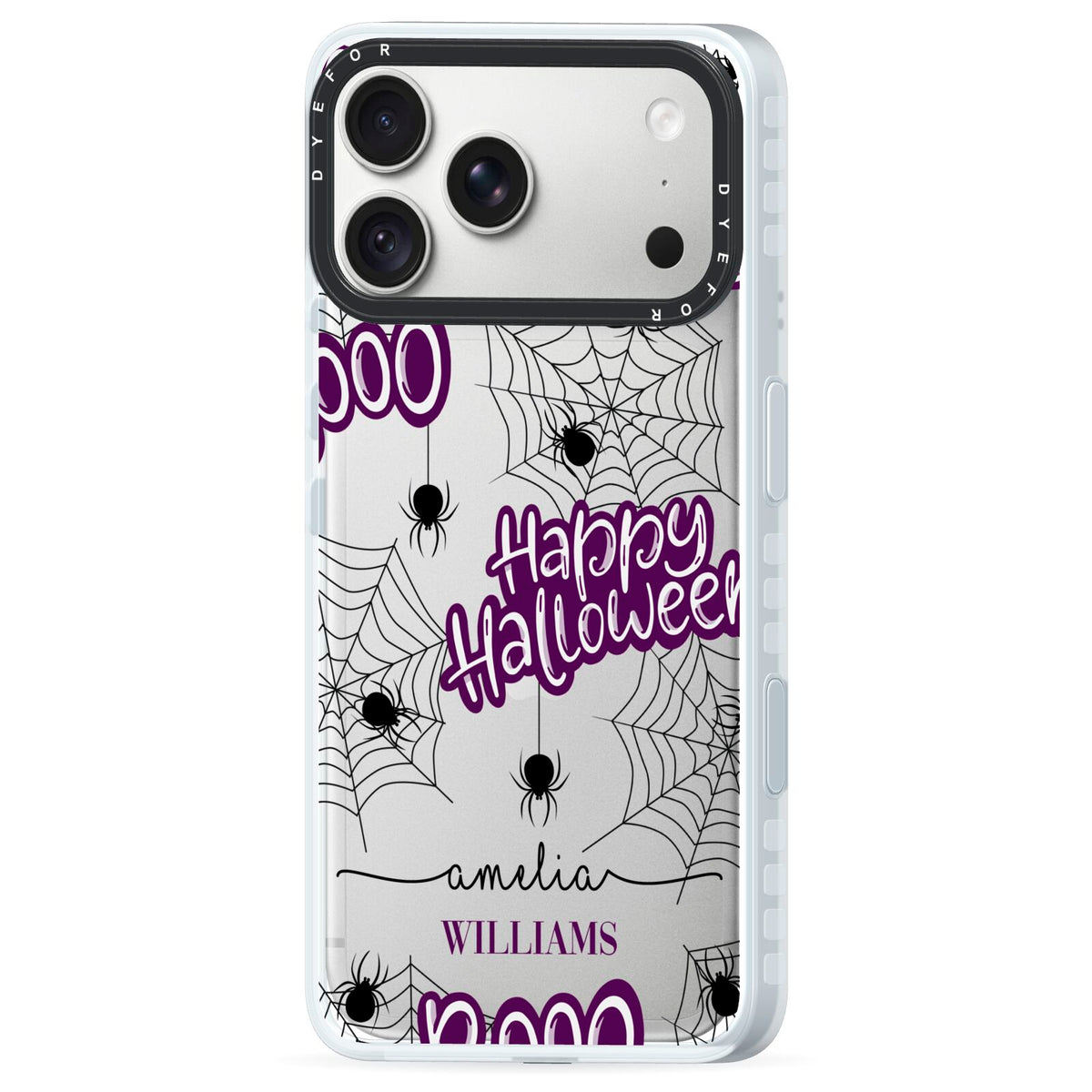 Purple Halloween Catchphrases iPhone 18 Pro Black Impact Pre order Case Side Angle on Silver phone
