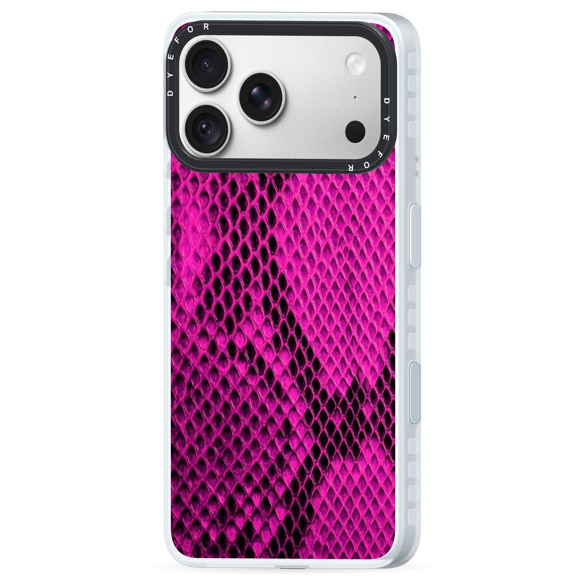 Purple Snakeskin iPhone 18 Pro Max Black Impact Pre order Case Side Angle on Silver phone