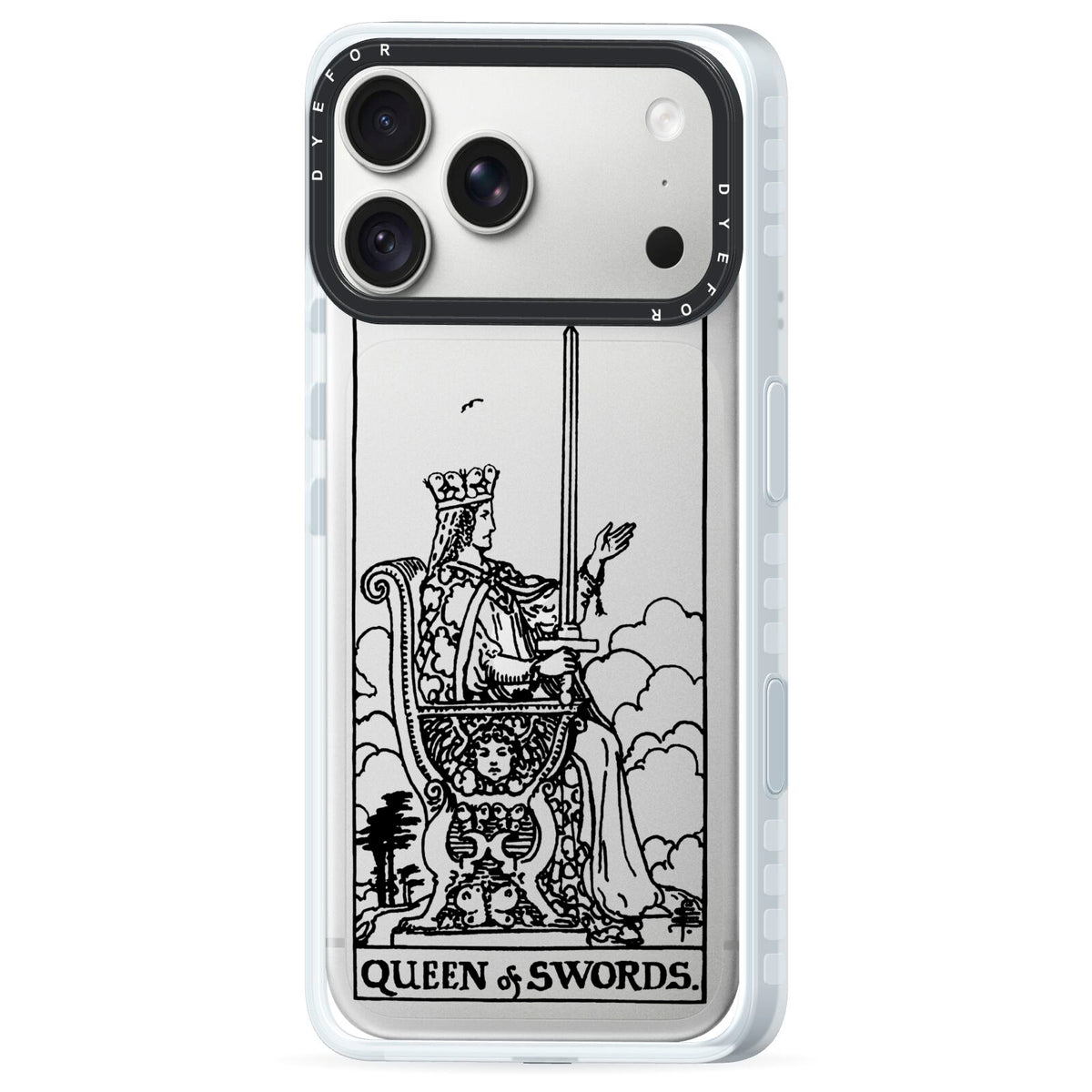 Queen of Swords Monochrome iPhone 18 Pro Black Impact Pre order Case Side Angle on Silver phone