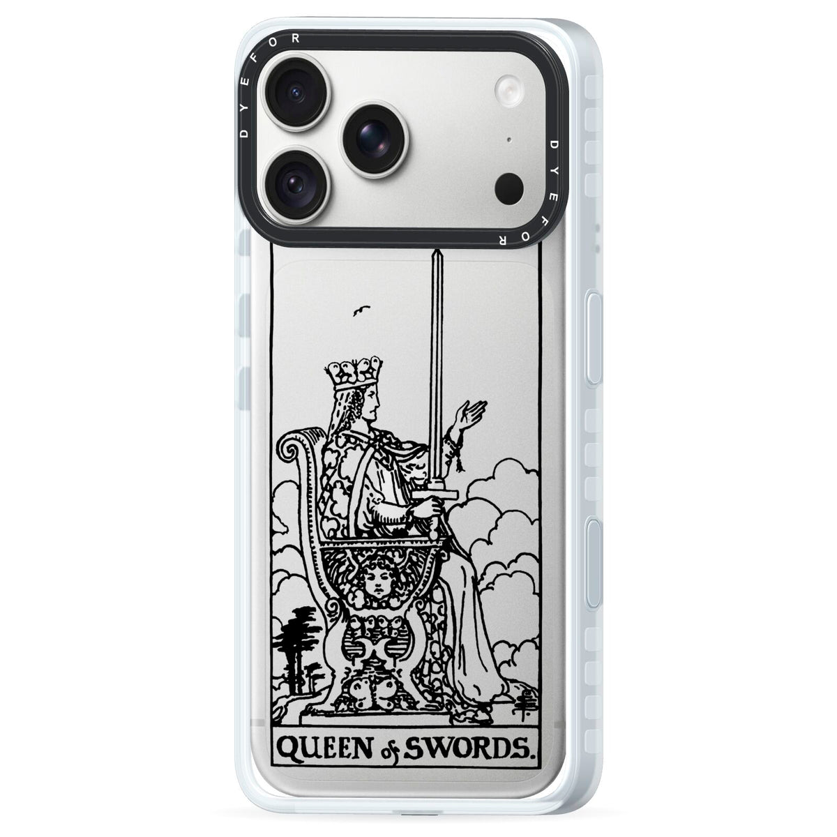 Queen of Swords Monochrome iPhone 18 Pro Max Black Impact Pre order Case Side Angle on Silver phone