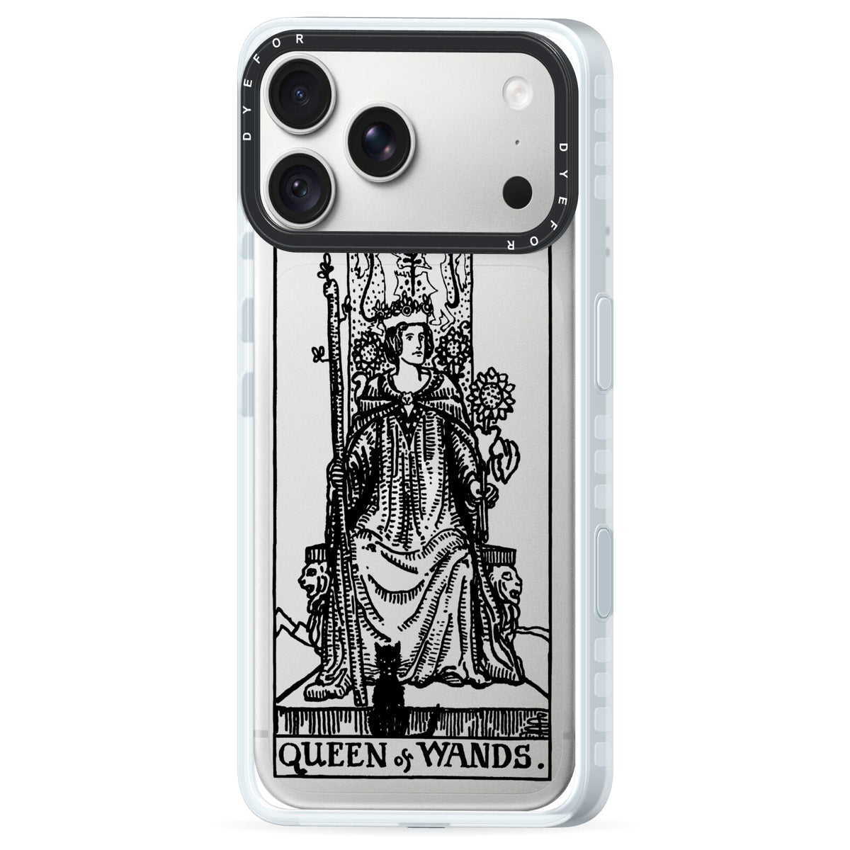 Queen of Wands Monochrome iPhone 18 Pro Black Impact Pre order Case Side Angle on Silver phone