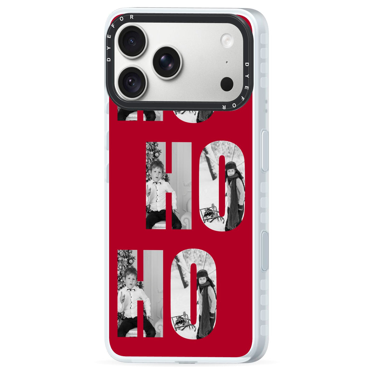 Red Ho Ho Ho Photo Upload Christmas iPhone 18 Pro Max Black Impact Pre order Case Side Angle on Silver phone