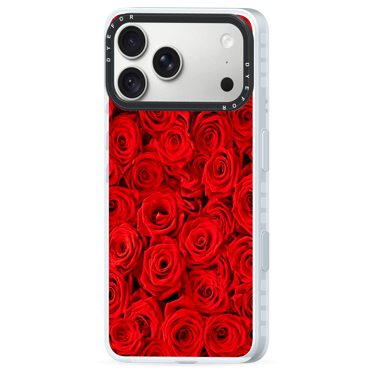Red Rose iPhone 18 Pro Black Impact Pre order Case Side Angle on Silver phone