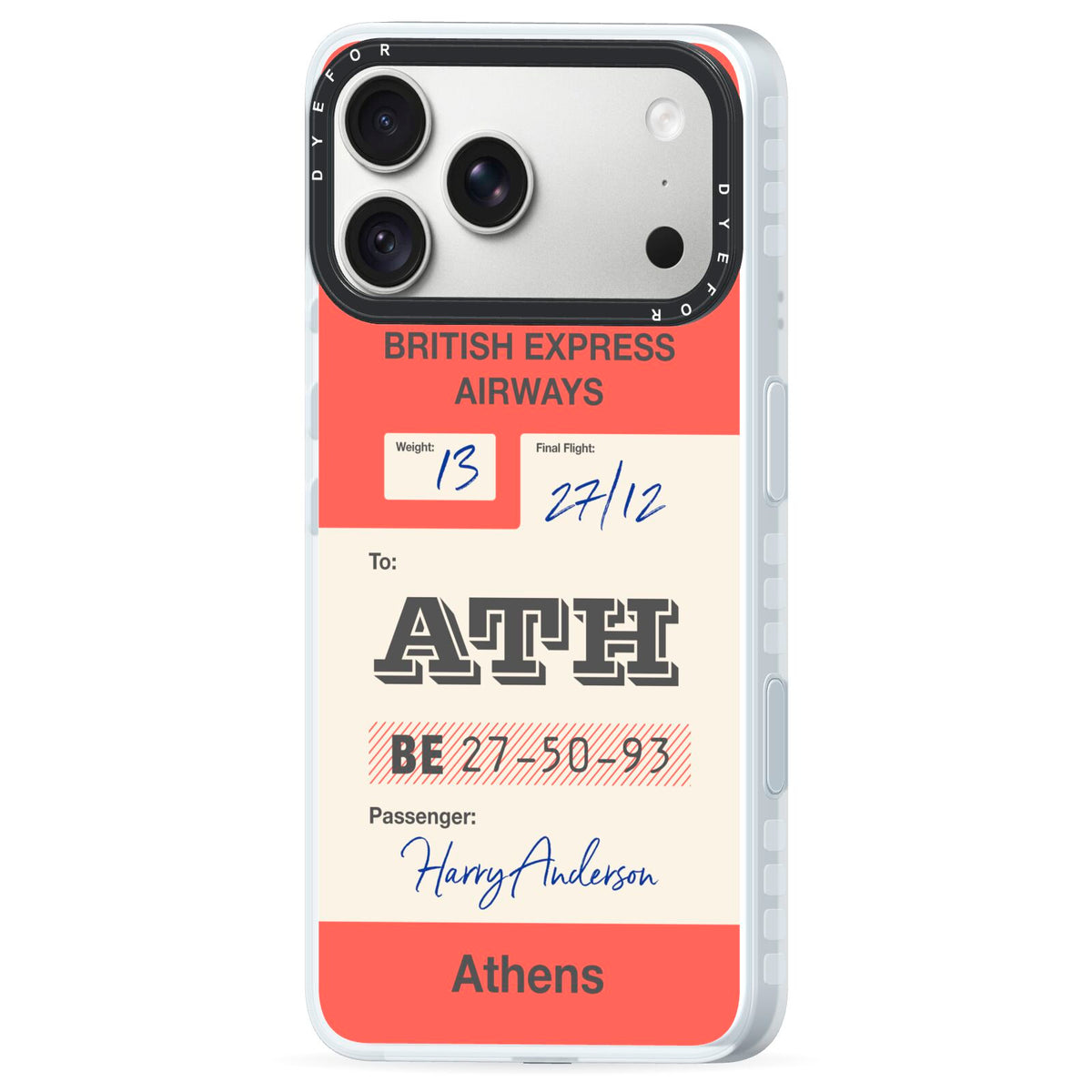 Red Vintage Baggage Tag iPhone 18 Pro Black Impact Pre order Case Side Angle on Silver phone