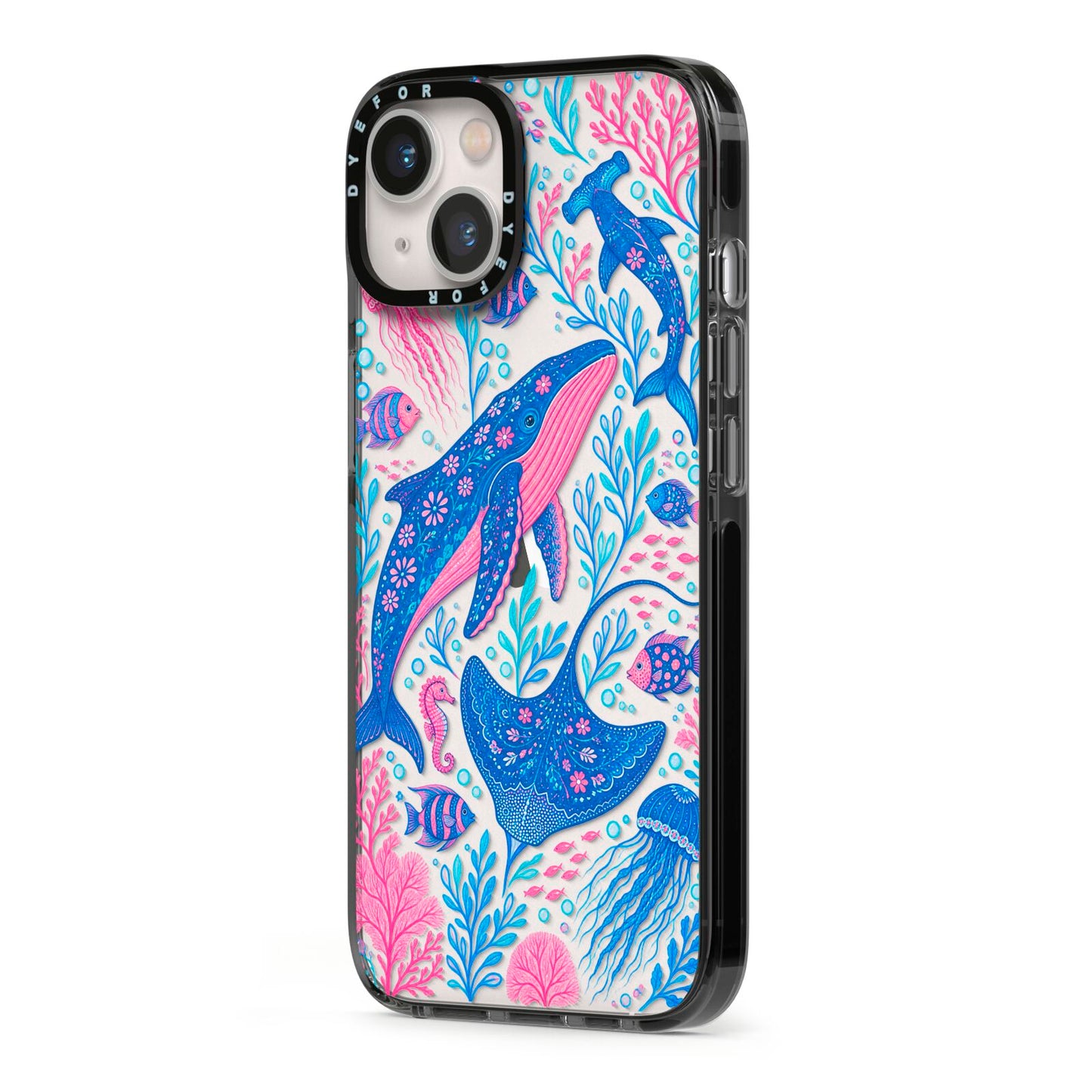 Reef Rhapsody iPhone 13 Black Impact Case Side Angle on Silver phone