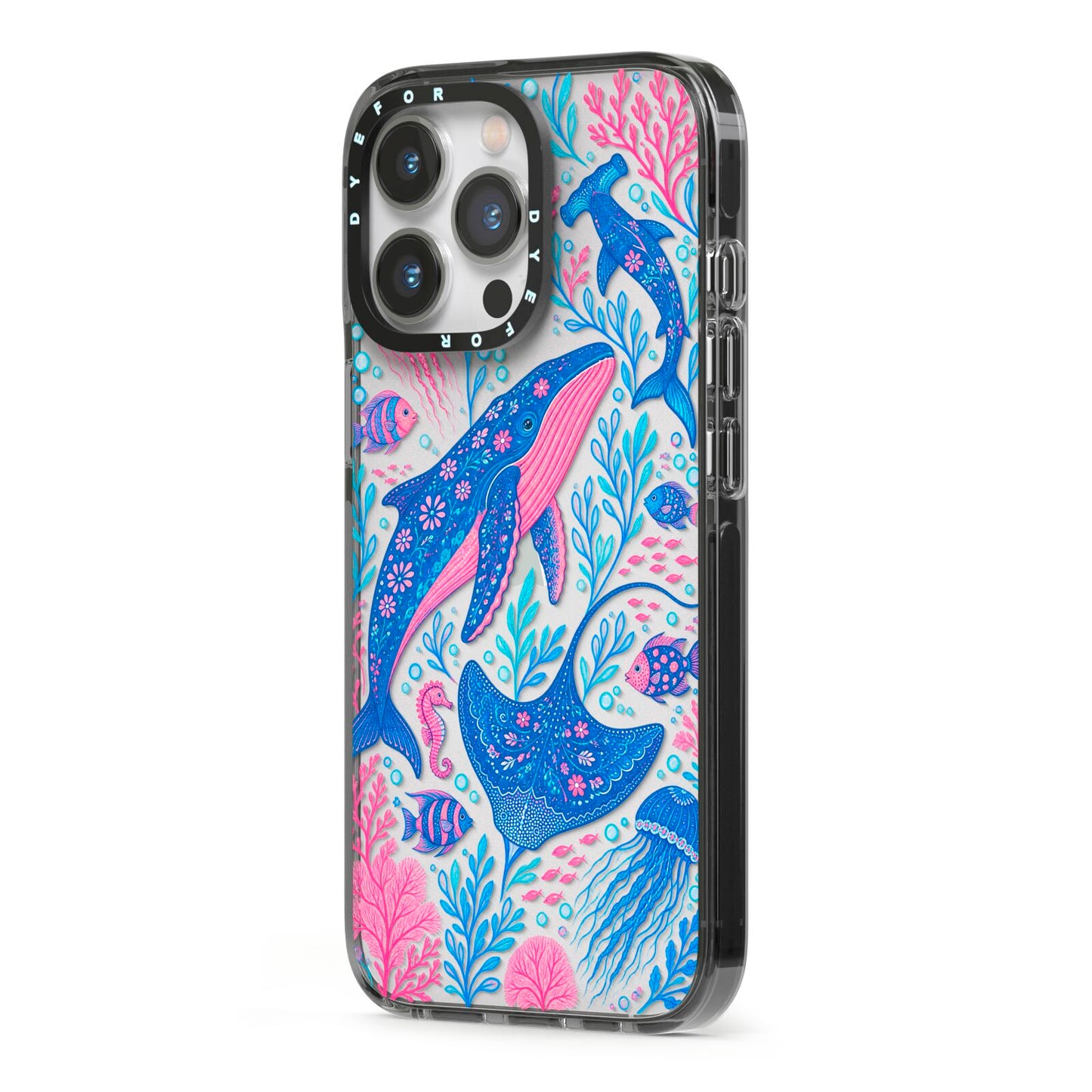 Reef Rhapsody iPhone 13 Pro Black Impact Case Side Angle on Silver phone