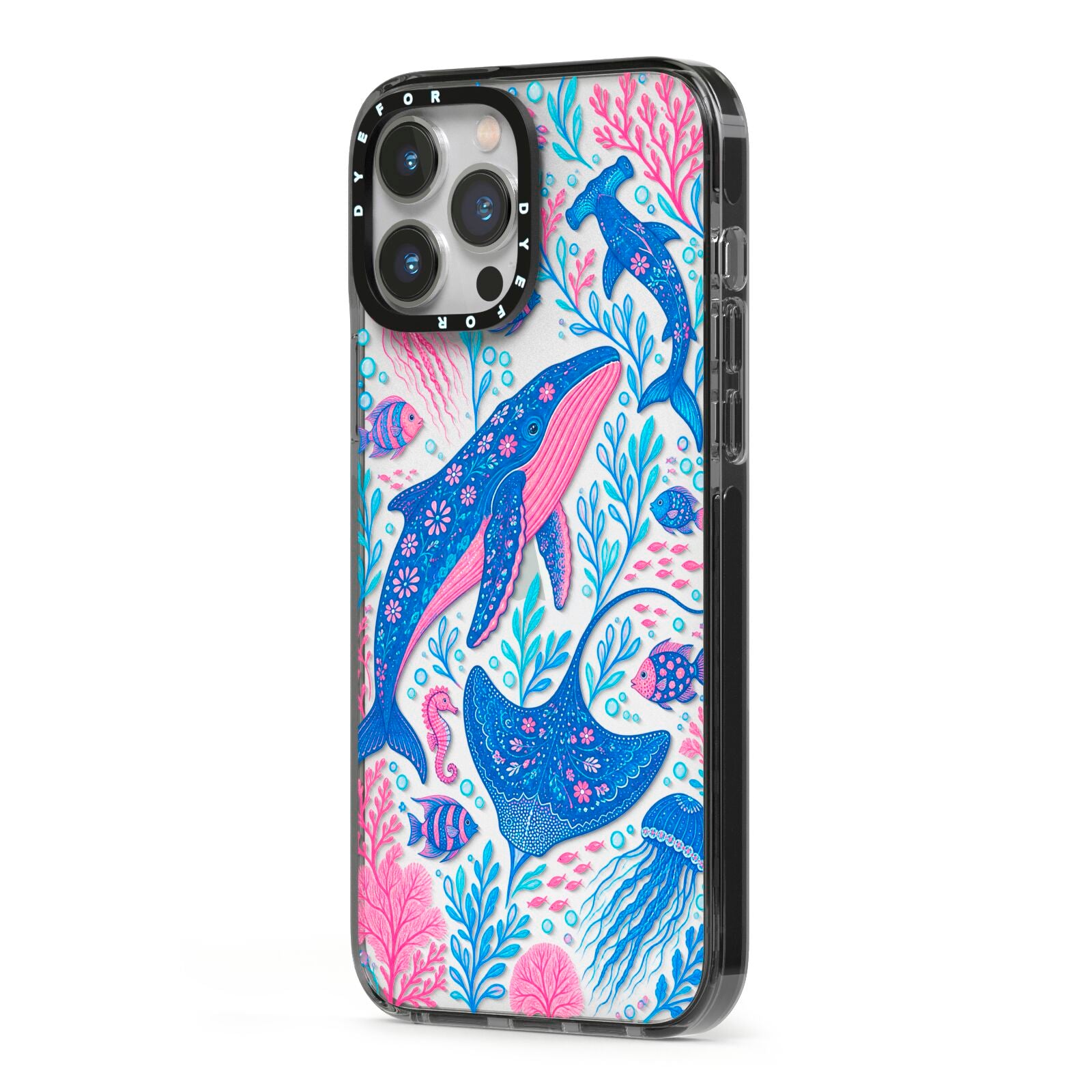 Reef Rhapsody iPhone 13 Pro Max Black Impact Case Side Angle on Silver phone