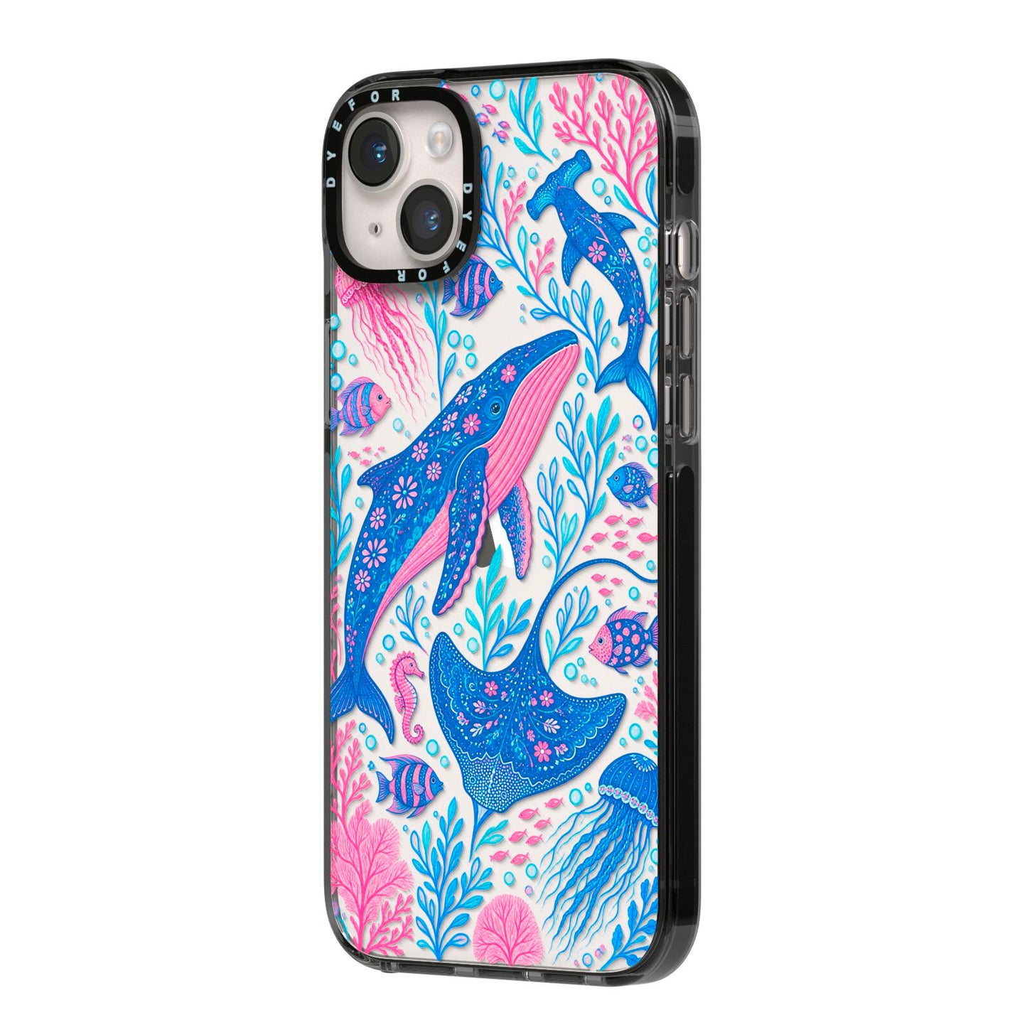 Reef Rhapsody iPhone 14 Plus Black Impact Case Side Angle on Silver phone