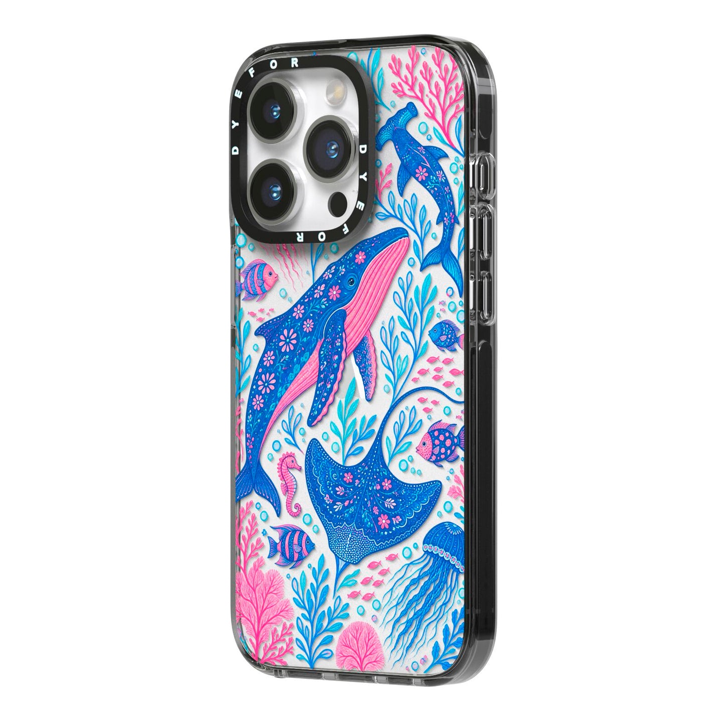 Reef Rhapsody iPhone 14 Pro Black Impact Case Side Angle on Silver phone