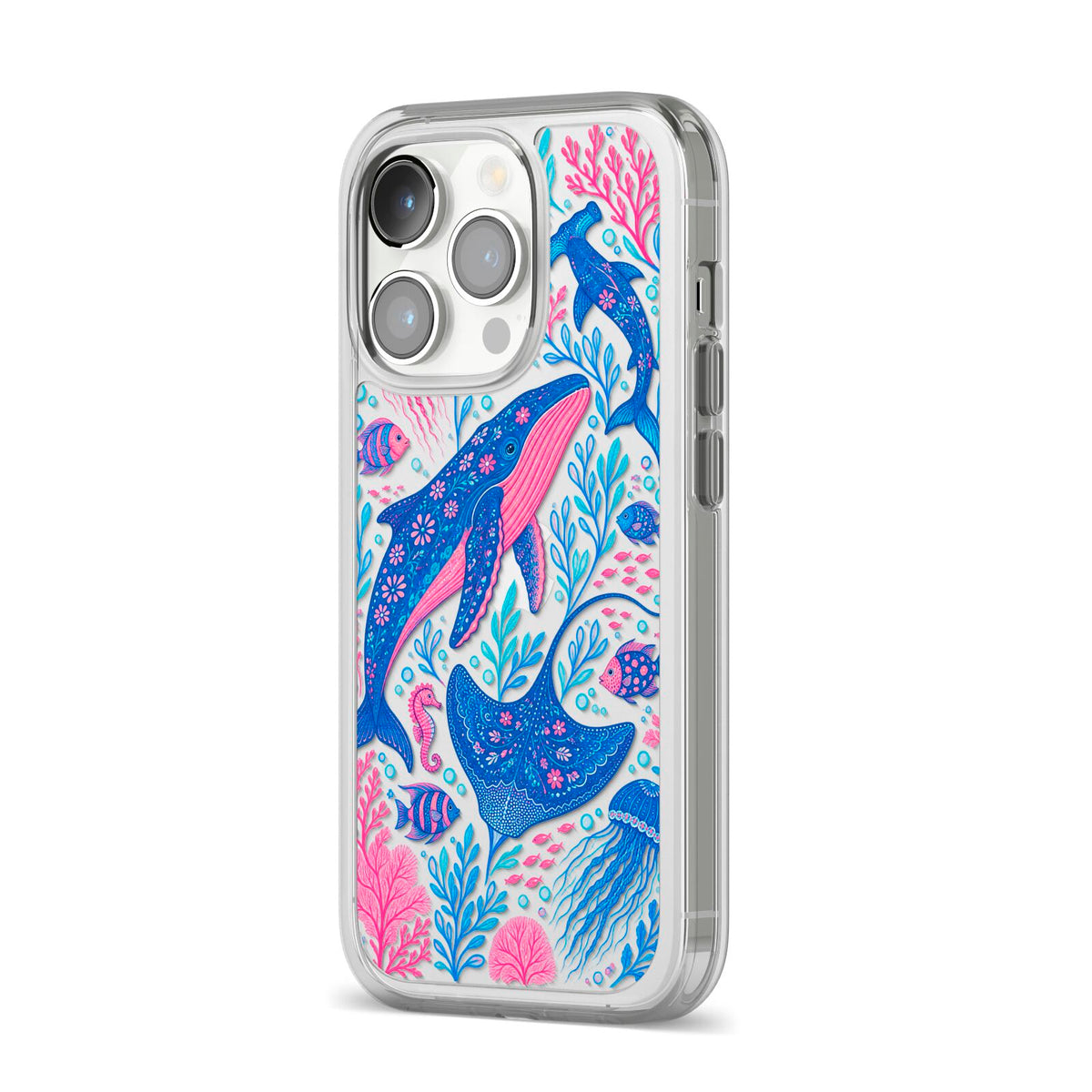 Reef Rhapsody iPhone 14 Pro Clear Tough Case Silver Angled Image