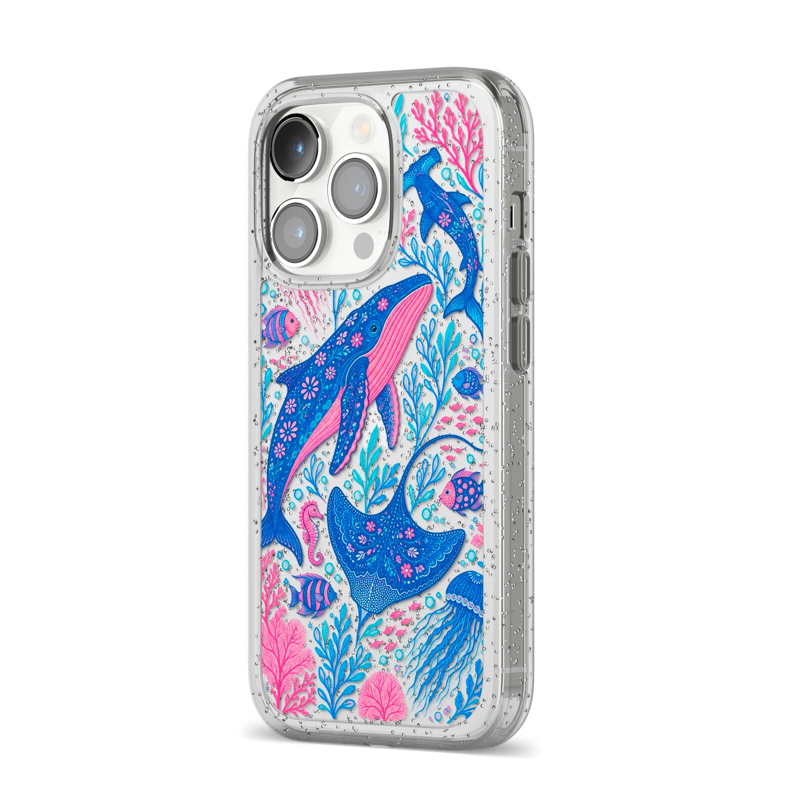 Reef Rhapsody iPhone 14 Pro Glitter Tough Case Silver Angled Image