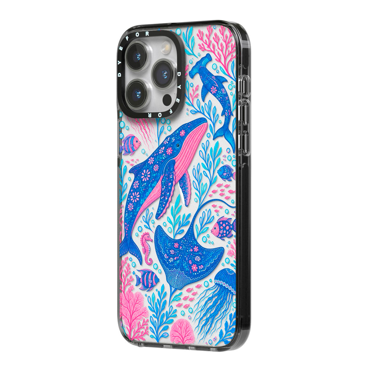 Reef Rhapsody iPhone 14 Pro Max Black Impact Case Side Angle on Silver phone