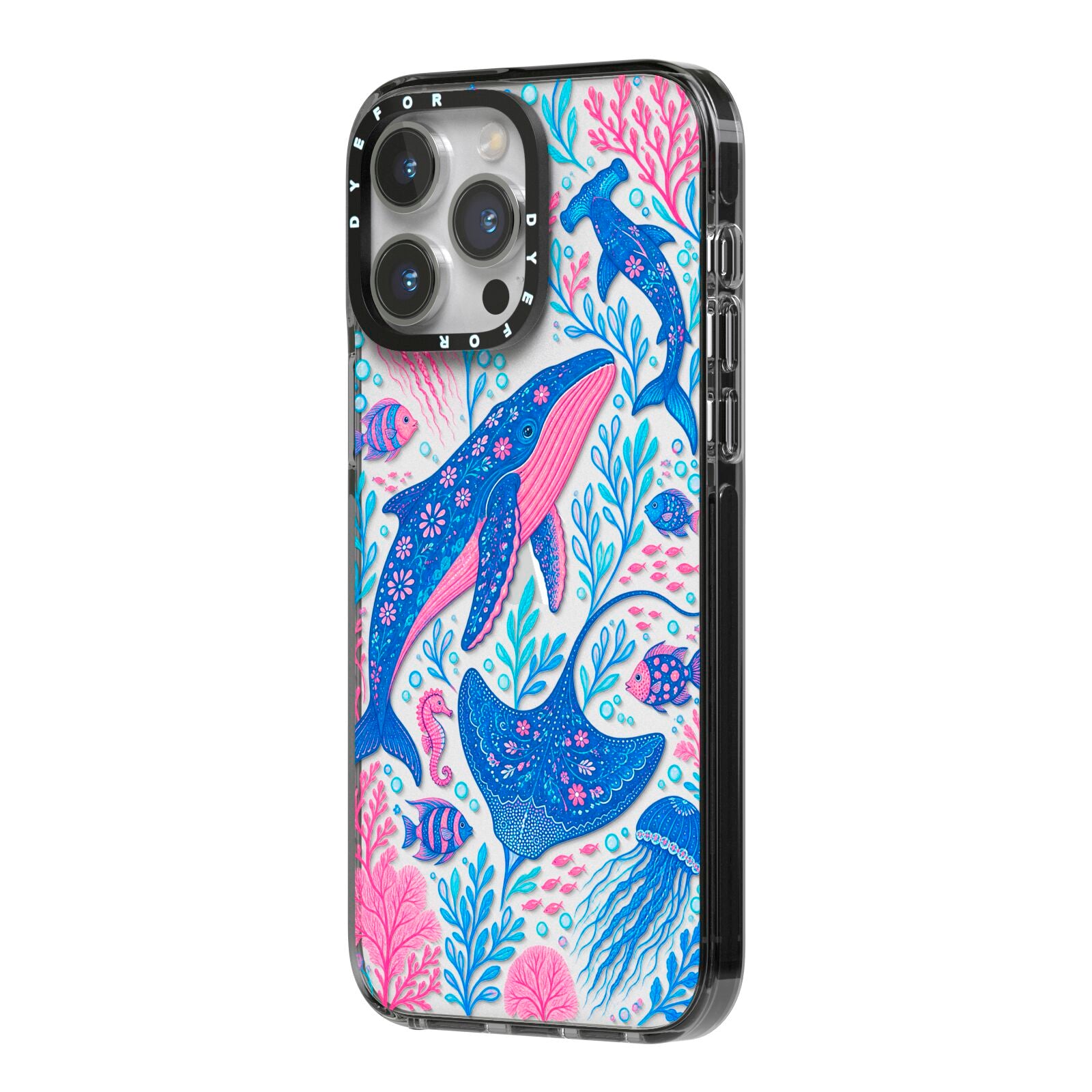 Reef Rhapsody iPhone 14 Pro Max Black Impact Case Side Angle on Silver phone