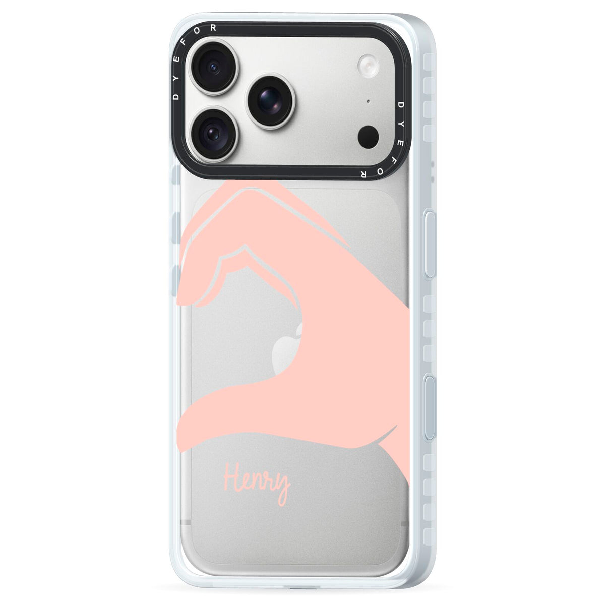 Right Hand in Half Heart with Name iPhone 18 Pro Black Impact Pre order Case Side Angle on Silver phone