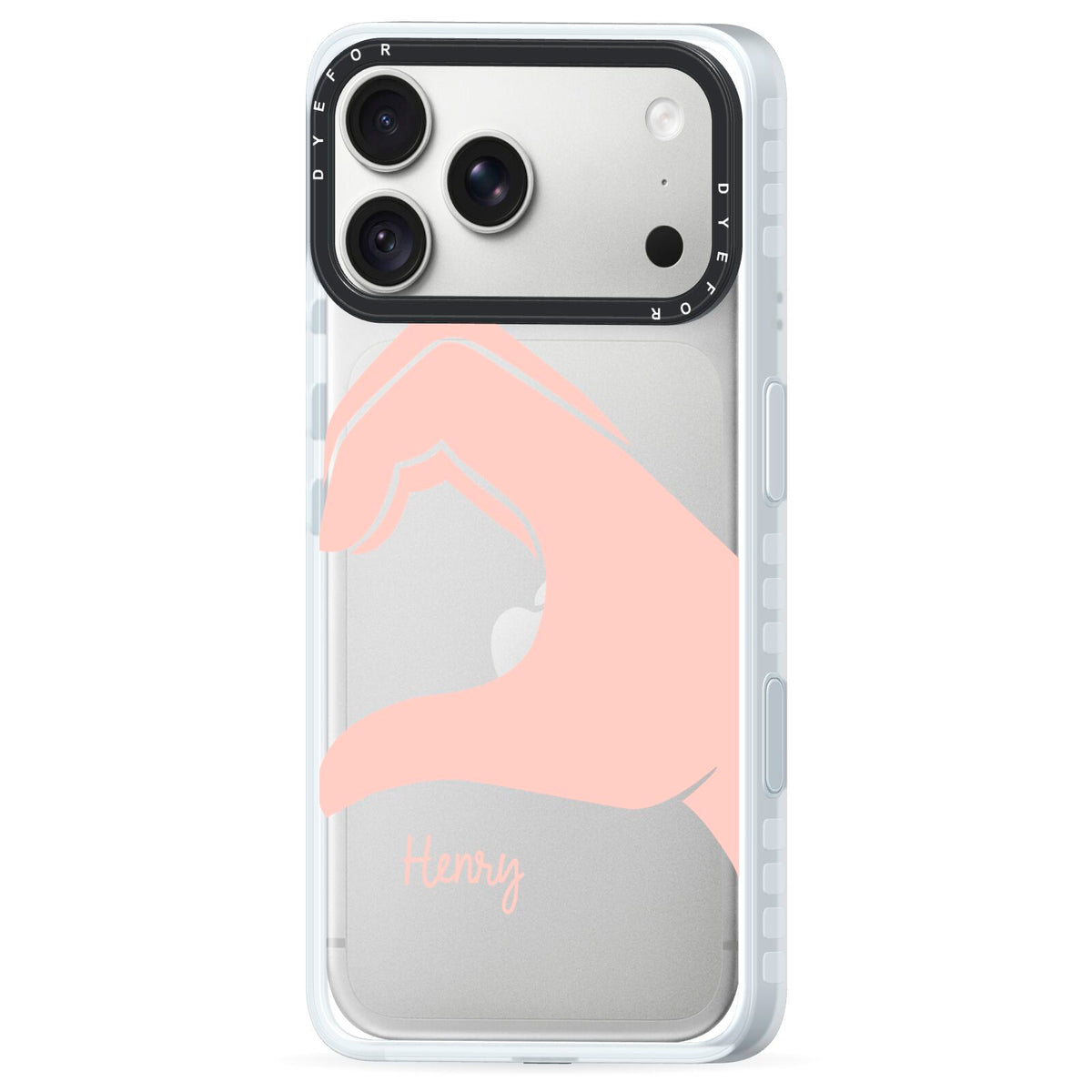 Right Hand in Half Heart with Name iPhone 18 Pro Max Black Impact Pre order Case Side Angle on Silver phone