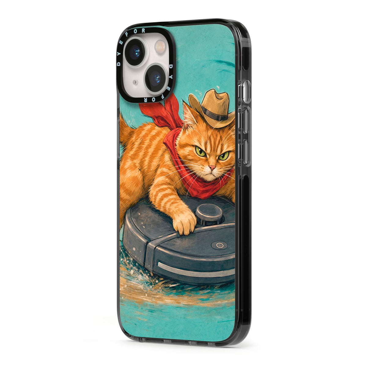 Robo Rodeo iPhone 13 Black Impact Case Side Angle on Silver phone