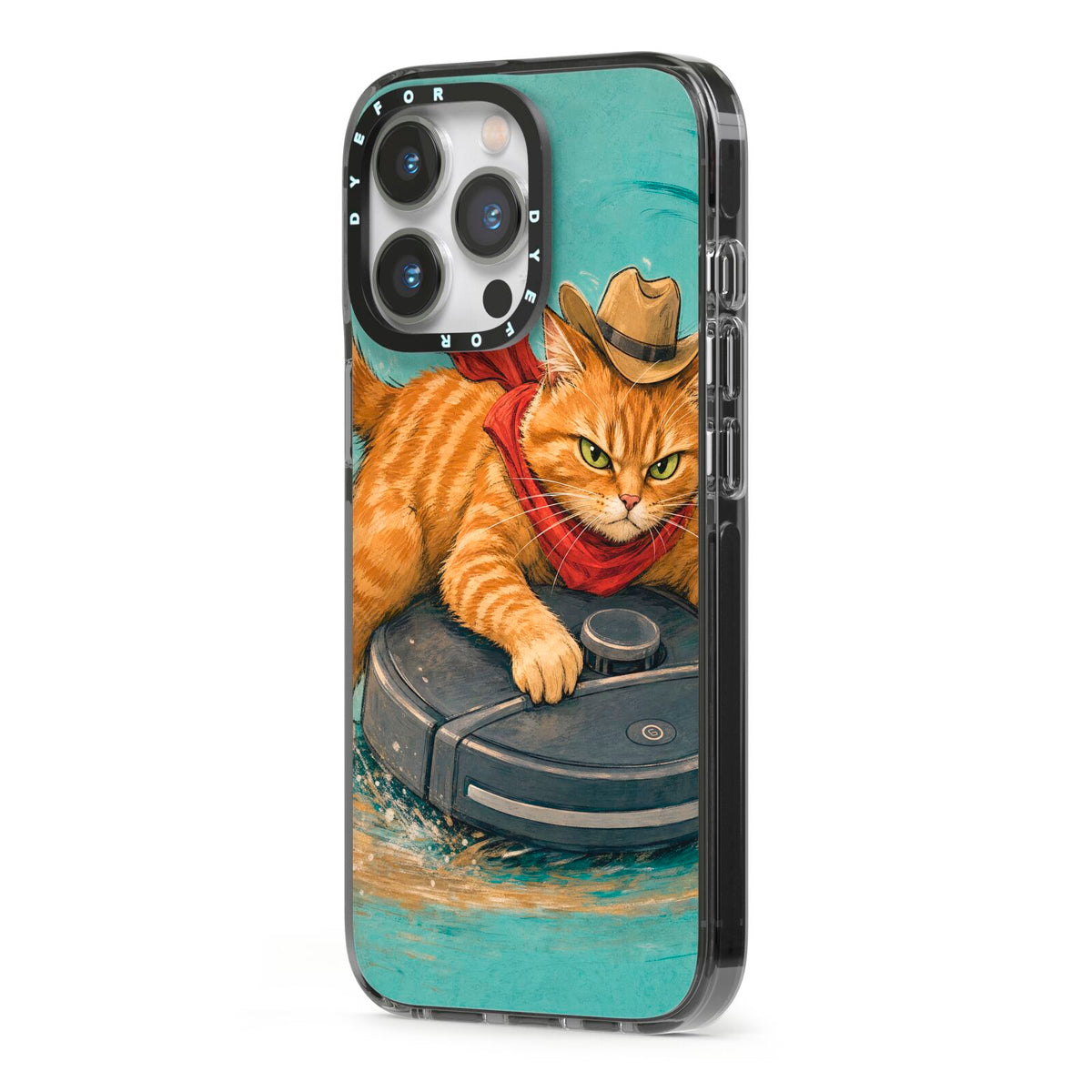 Robo Rodeo iPhone 13 Pro Black Impact Case Side Angle on Silver phone