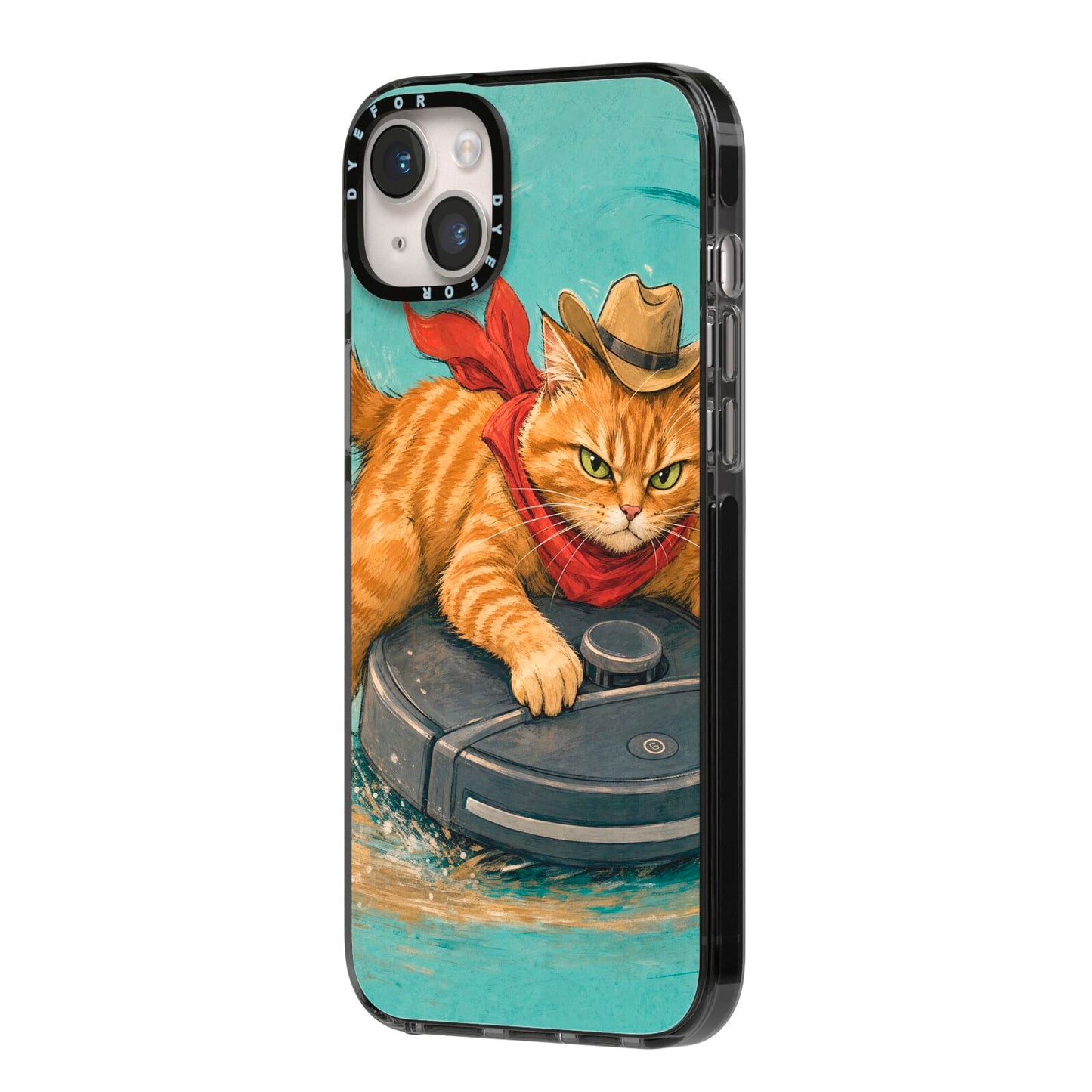 Robo Rodeo iPhone 14 Plus Black Impact Case Side Angle on Silver phone