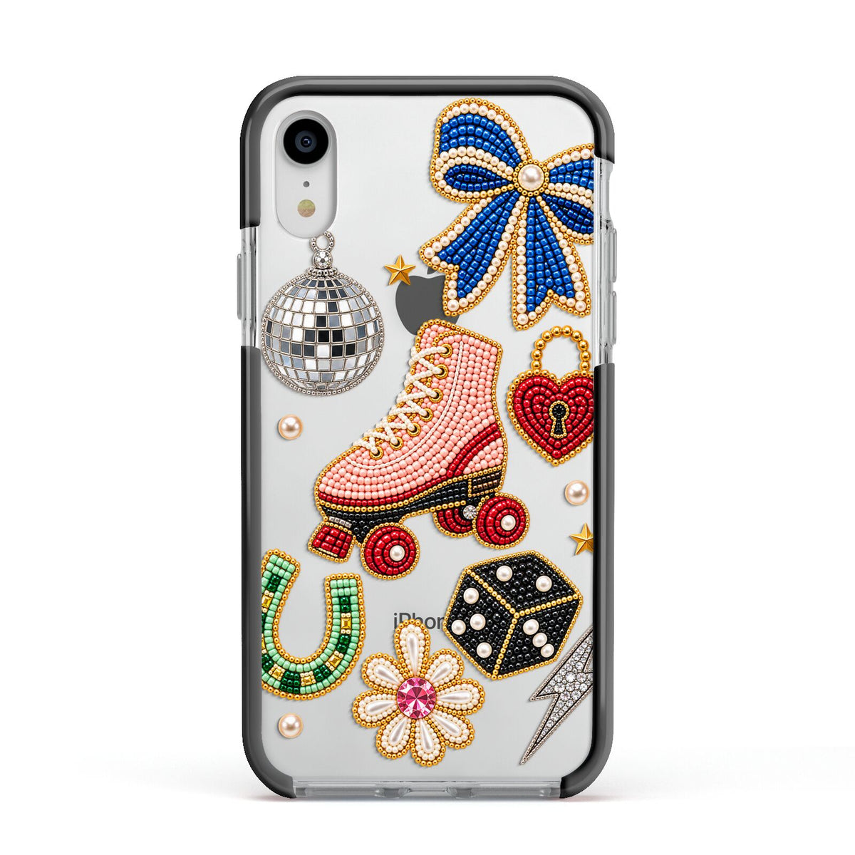 Roller Disco Charms Apple iPhone XR Impact Case Black Edge on Silver Phone