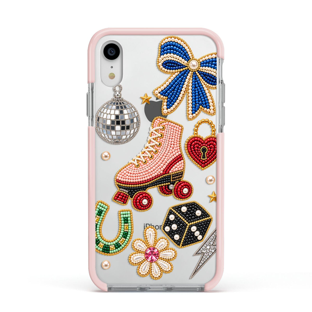 Roller Disco Charms Apple iPhone XR Impact Case Pink Edge on Silver Phone