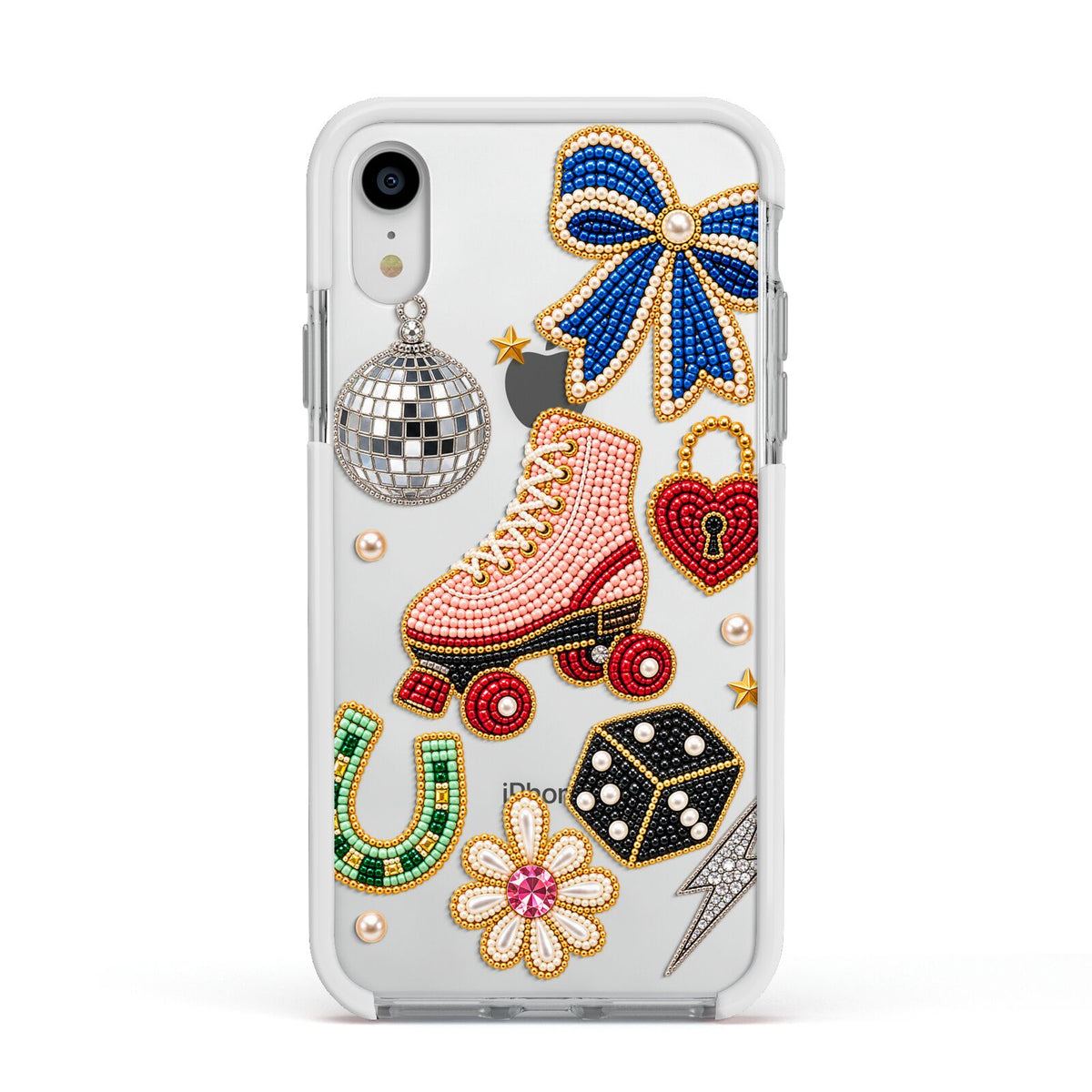 Roller Disco Charms Apple iPhone XR Impact Case White Edge on Silver Phone