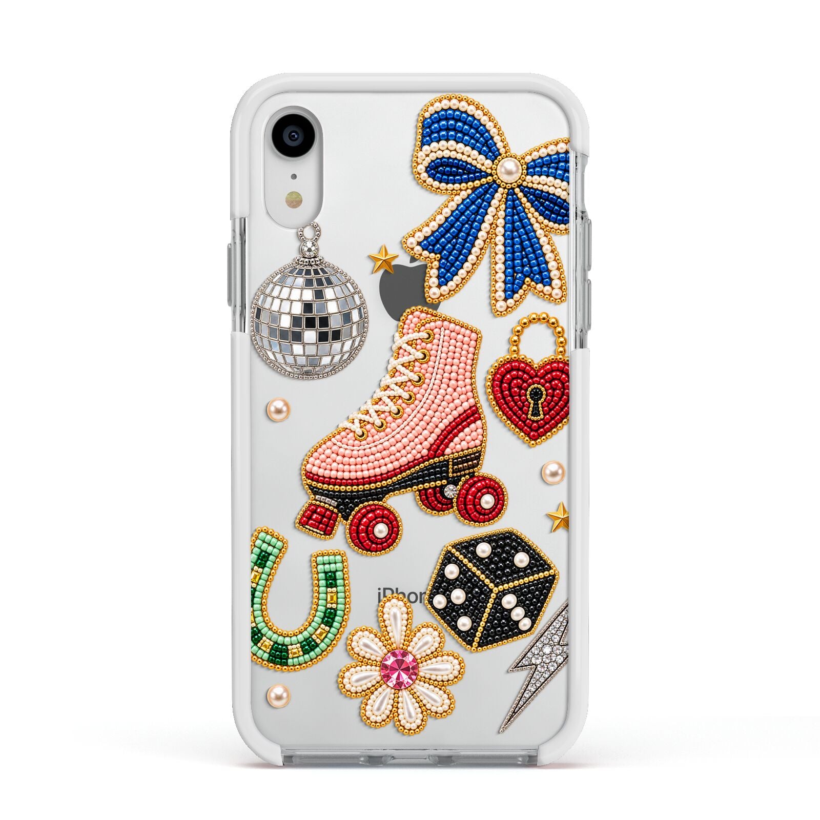 Roller Disco Charms Apple iPhone XR Impact Case White Edge on Silver Phone