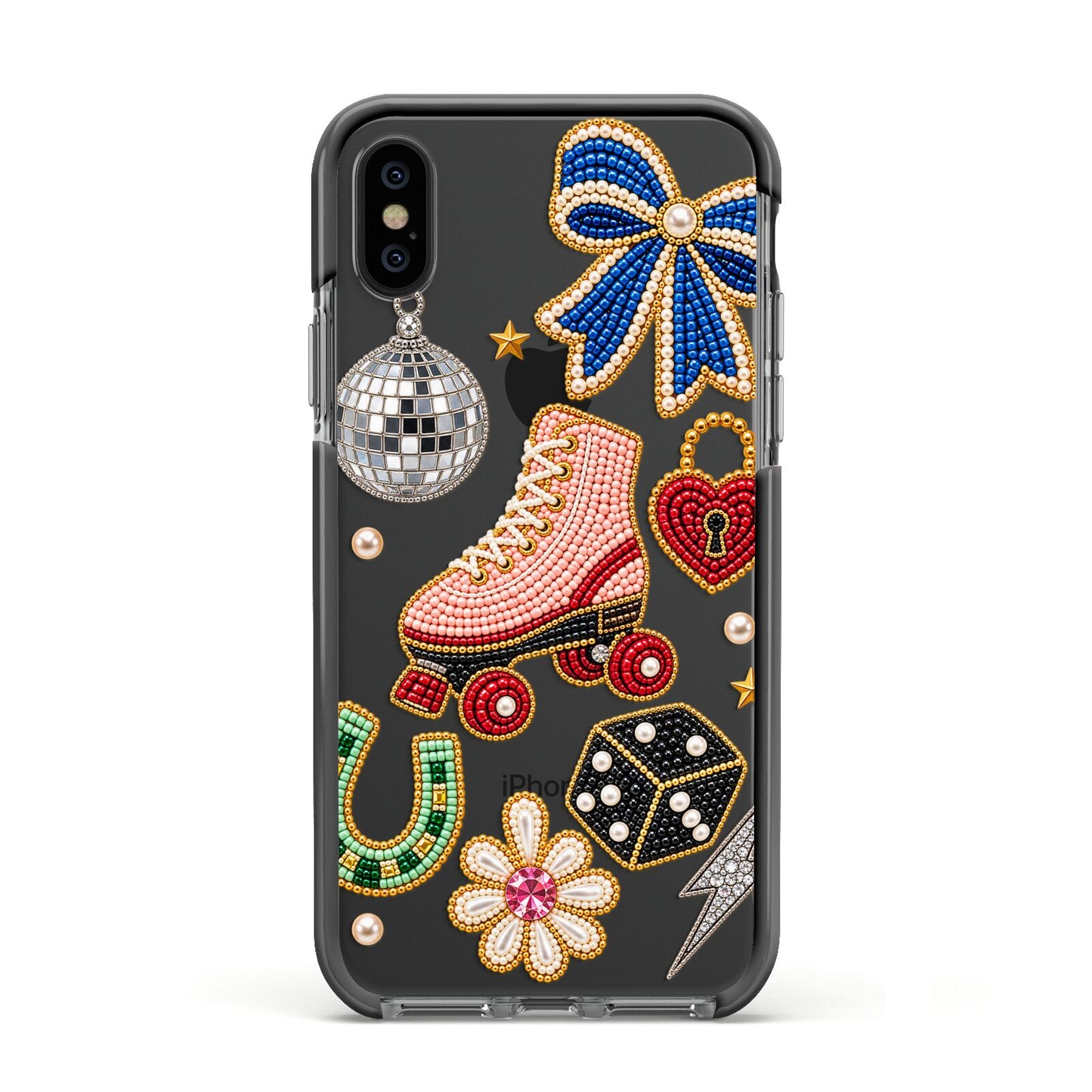 Roller Disco Charms Apple iPhone Xs Impact Case Black Edge on Black Phone