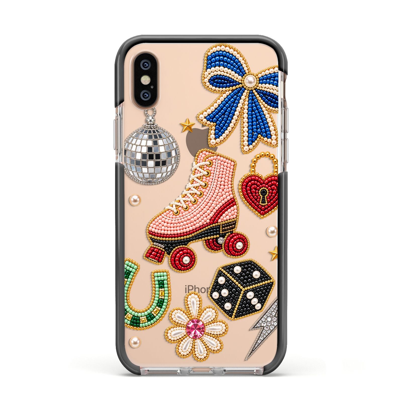 Roller Disco Charms Apple iPhone Xs Impact Case Black Edge on Gold Phone