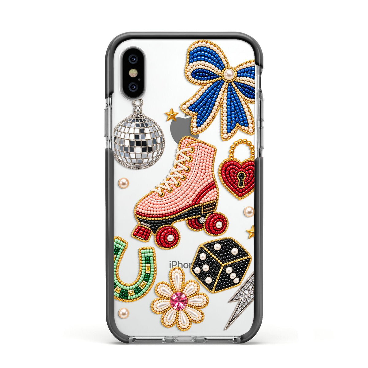Roller Disco Charms Apple iPhone Xs Impact Case Black Edge on Silver Phone