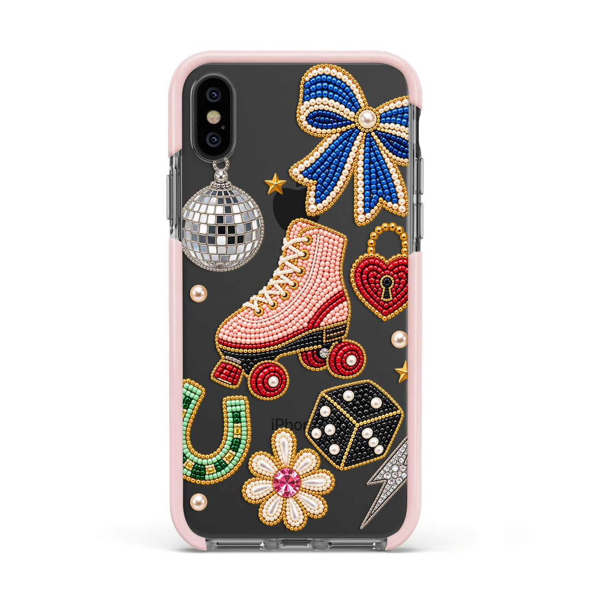 Roller Disco Charms Apple iPhone Xs Impact Case Pink Edge on Black Phone