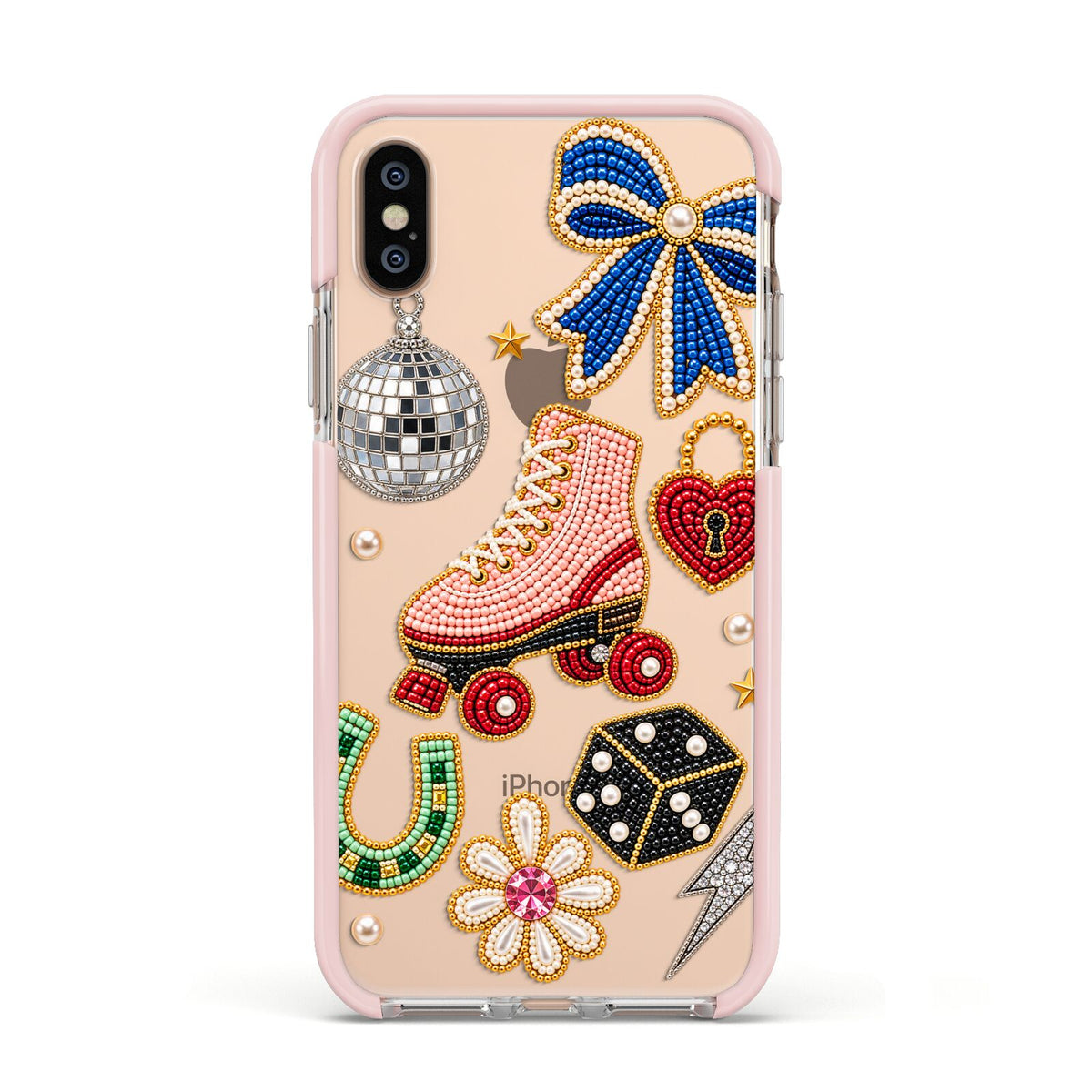 Roller Disco Charms Apple iPhone Xs Impact Case Pink Edge on Gold Phone