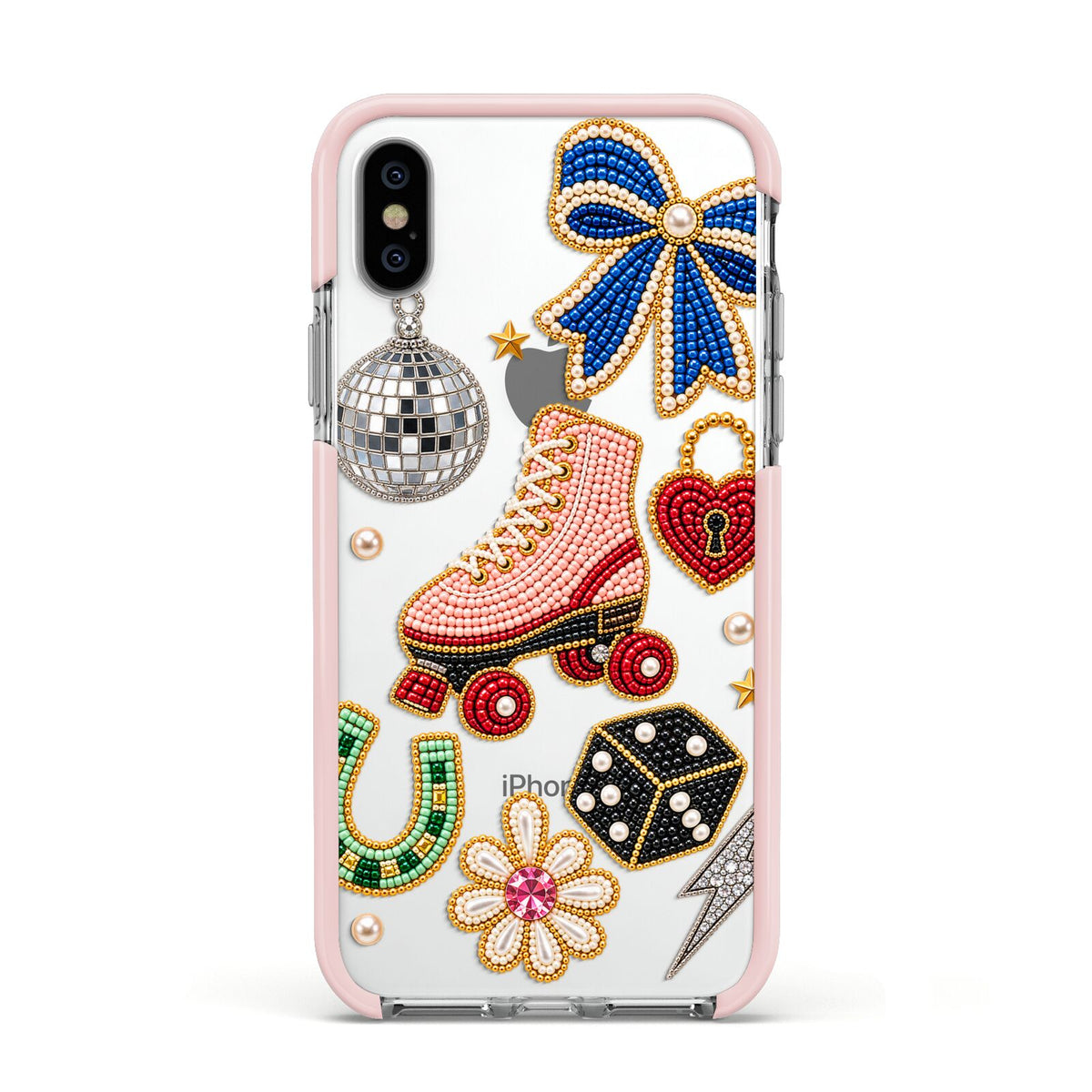 Roller Disco Charms Apple iPhone Xs Impact Case Pink Edge on Silver Phone