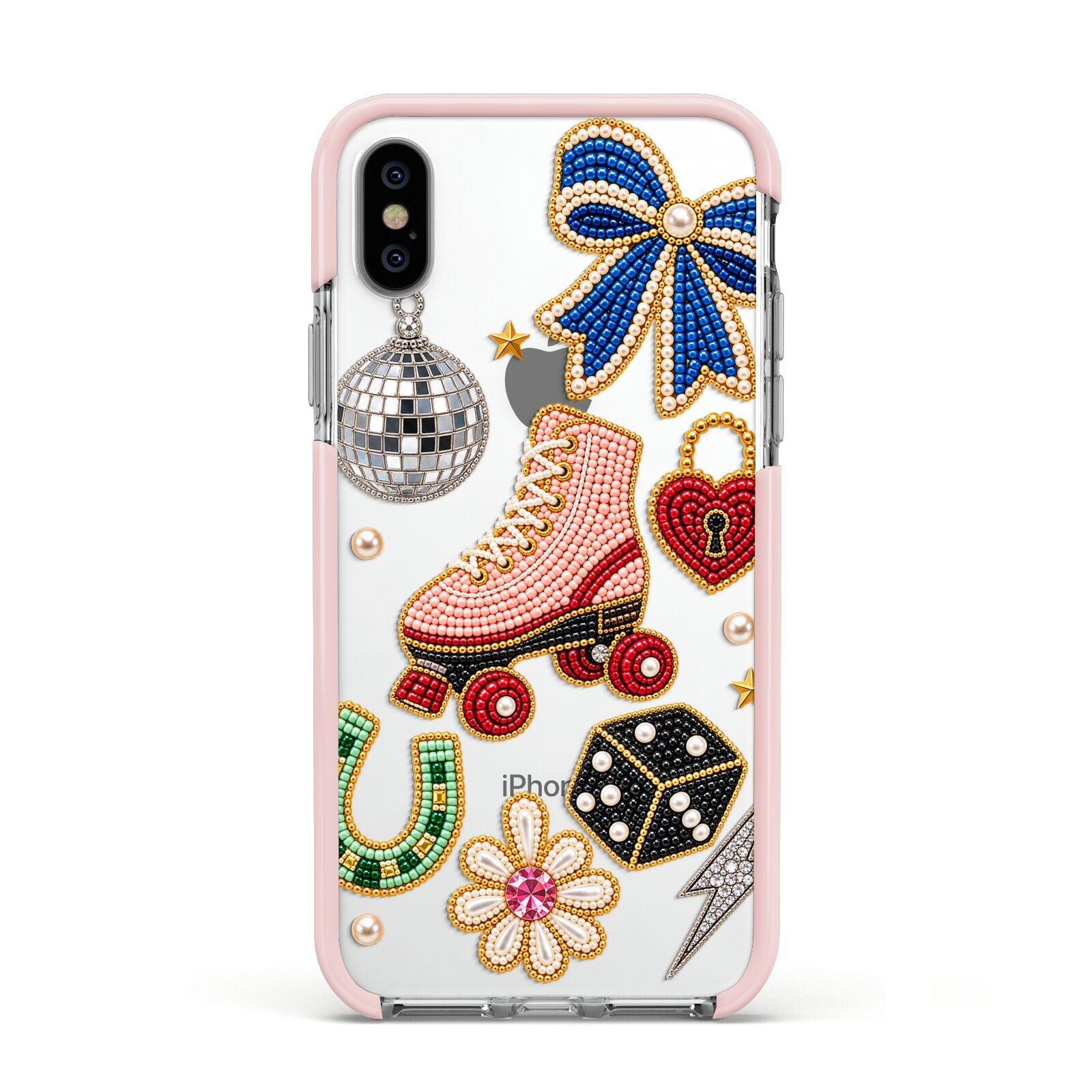 Roller Disco Charms Apple iPhone Xs Impact Case Pink Edge on Silver Phone