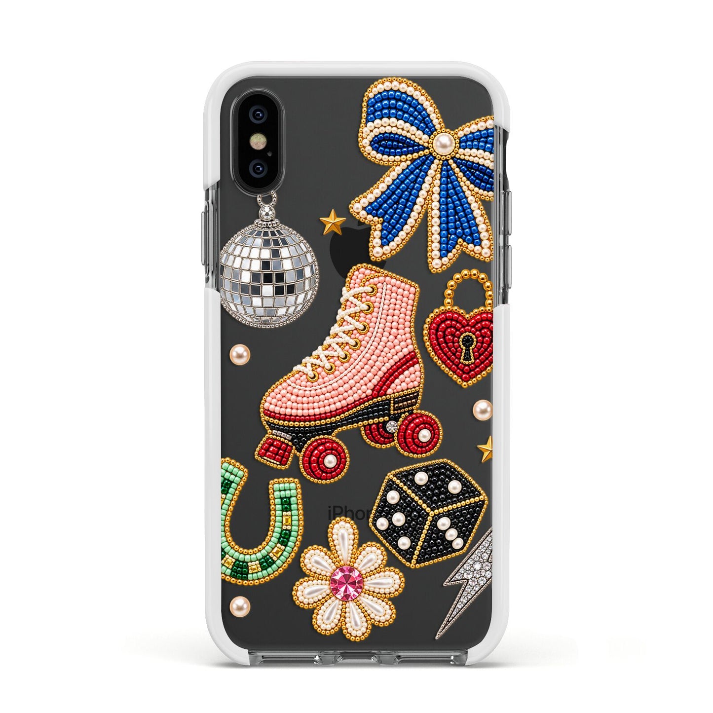Roller Disco Charms Apple iPhone Xs Impact Case White Edge on Black Phone