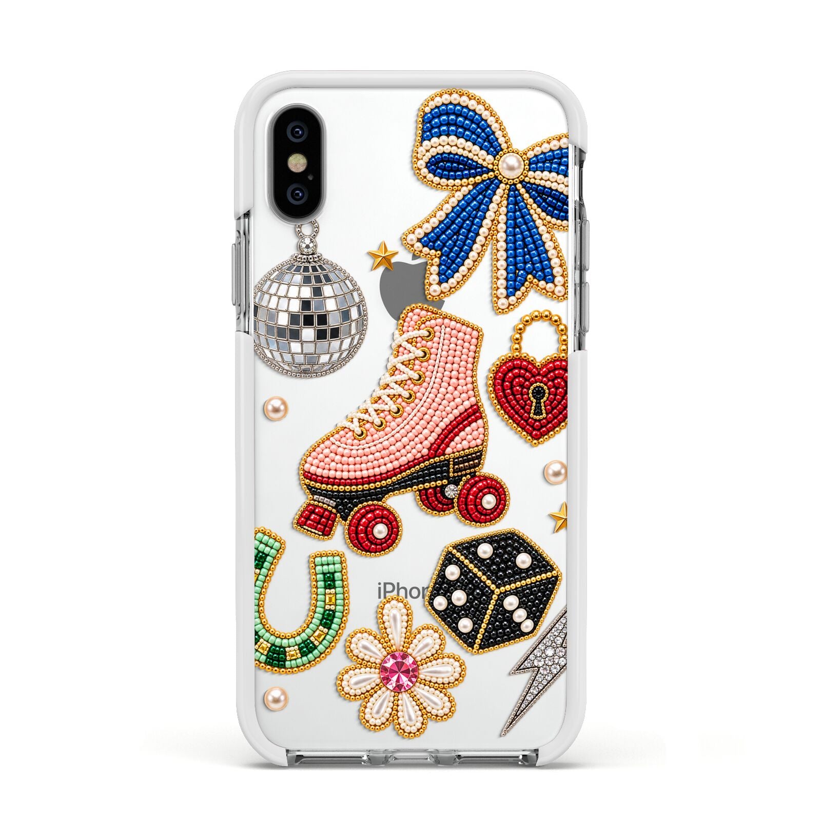 Roller Disco Charms Apple iPhone Xs Impact Case White Edge on Silver Phone