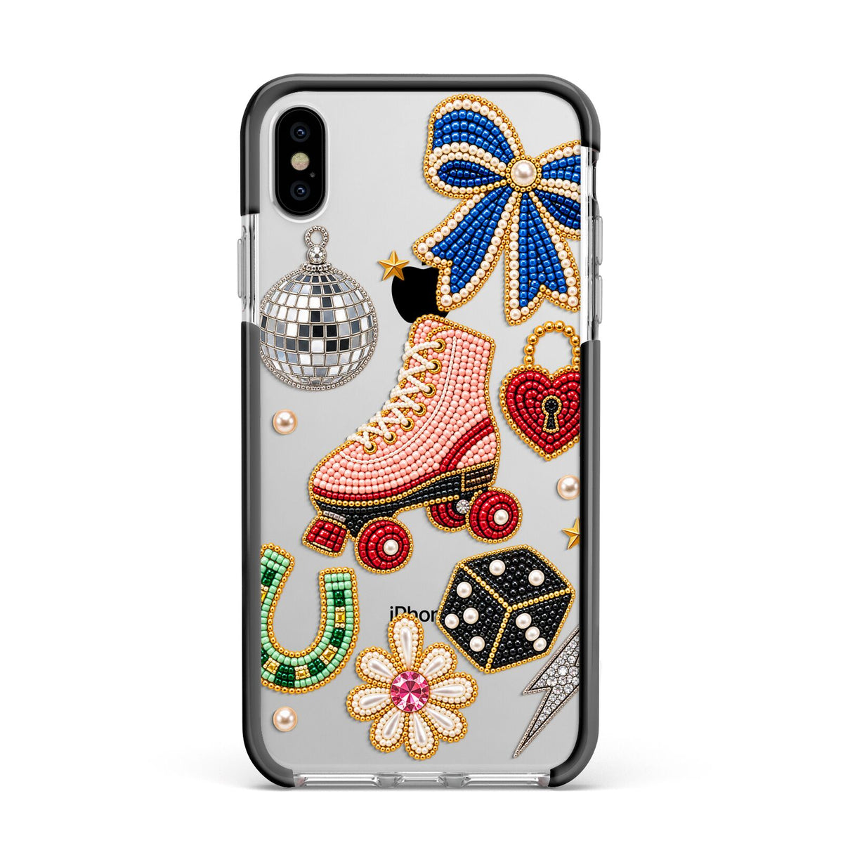 Roller Disco Charms Apple iPhone Xs Max Impact Case Black Edge on Silver Phone