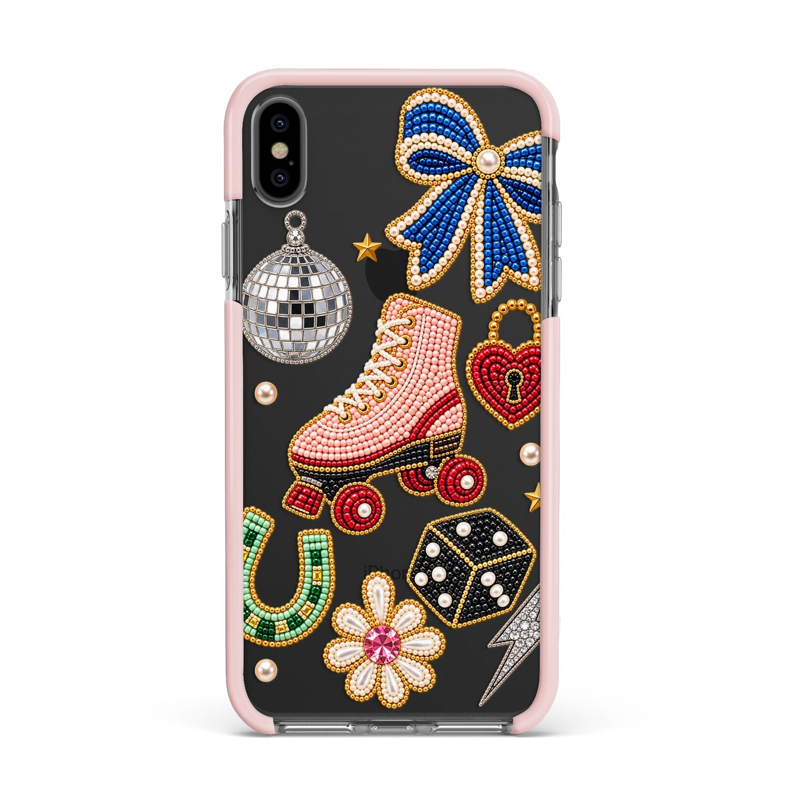 Roller Disco Charms Apple iPhone Xs Max Impact Case Pink Edge on Black Phone
