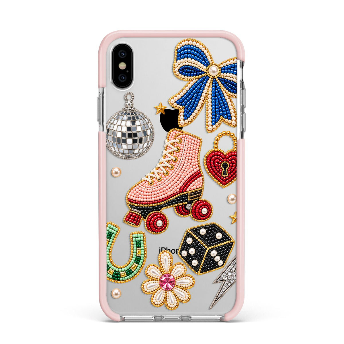 Roller Disco Charms Apple iPhone Xs Max Impact Case Pink Edge on Silver Phone
