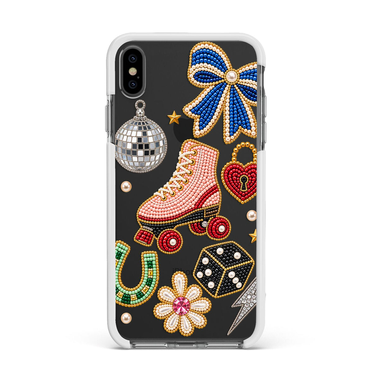 Roller Disco Charms Apple iPhone Xs Max Impact Case White Edge on Black Phone