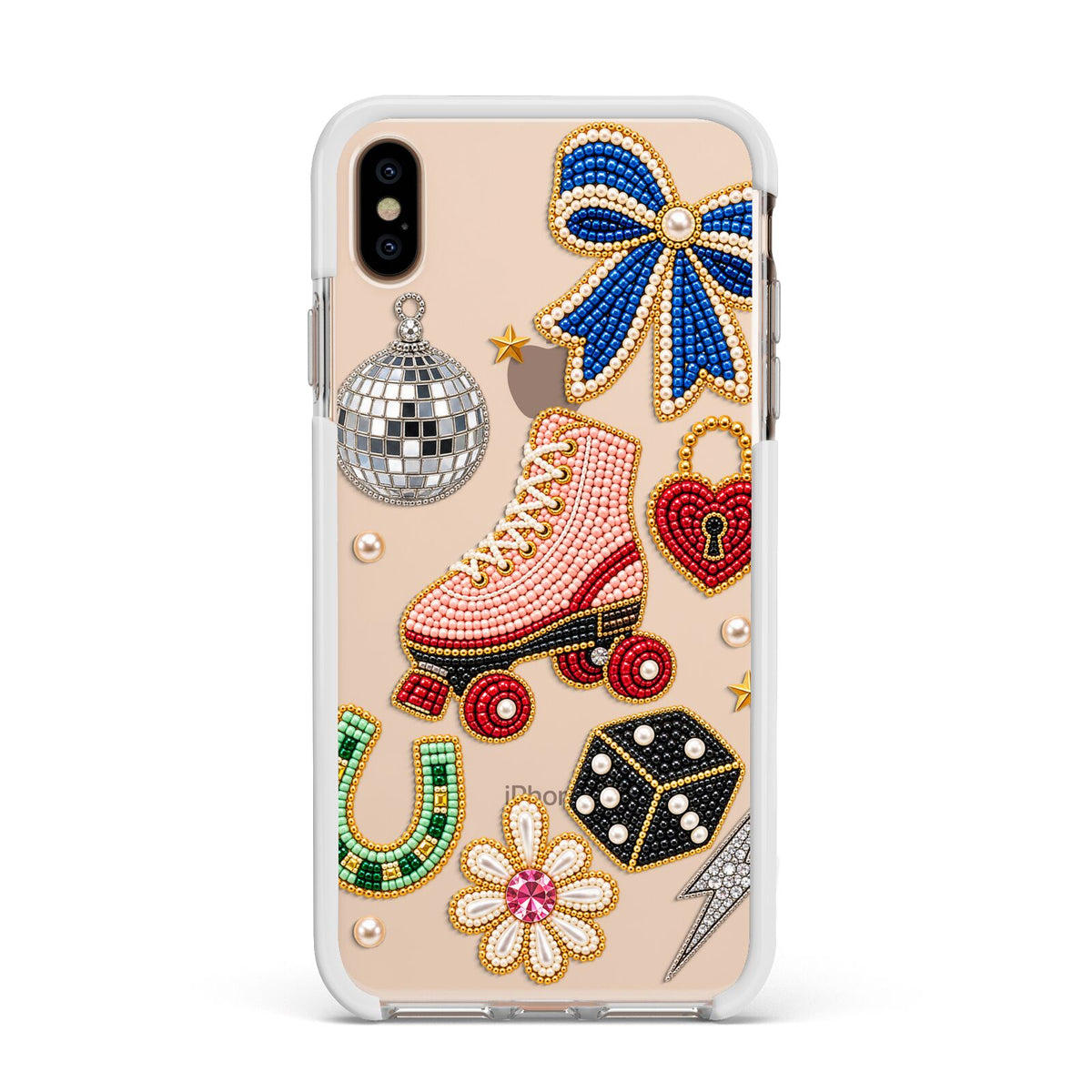 Roller Disco Charms Apple iPhone Xs Max Impact Case White Edge on Gold Phone