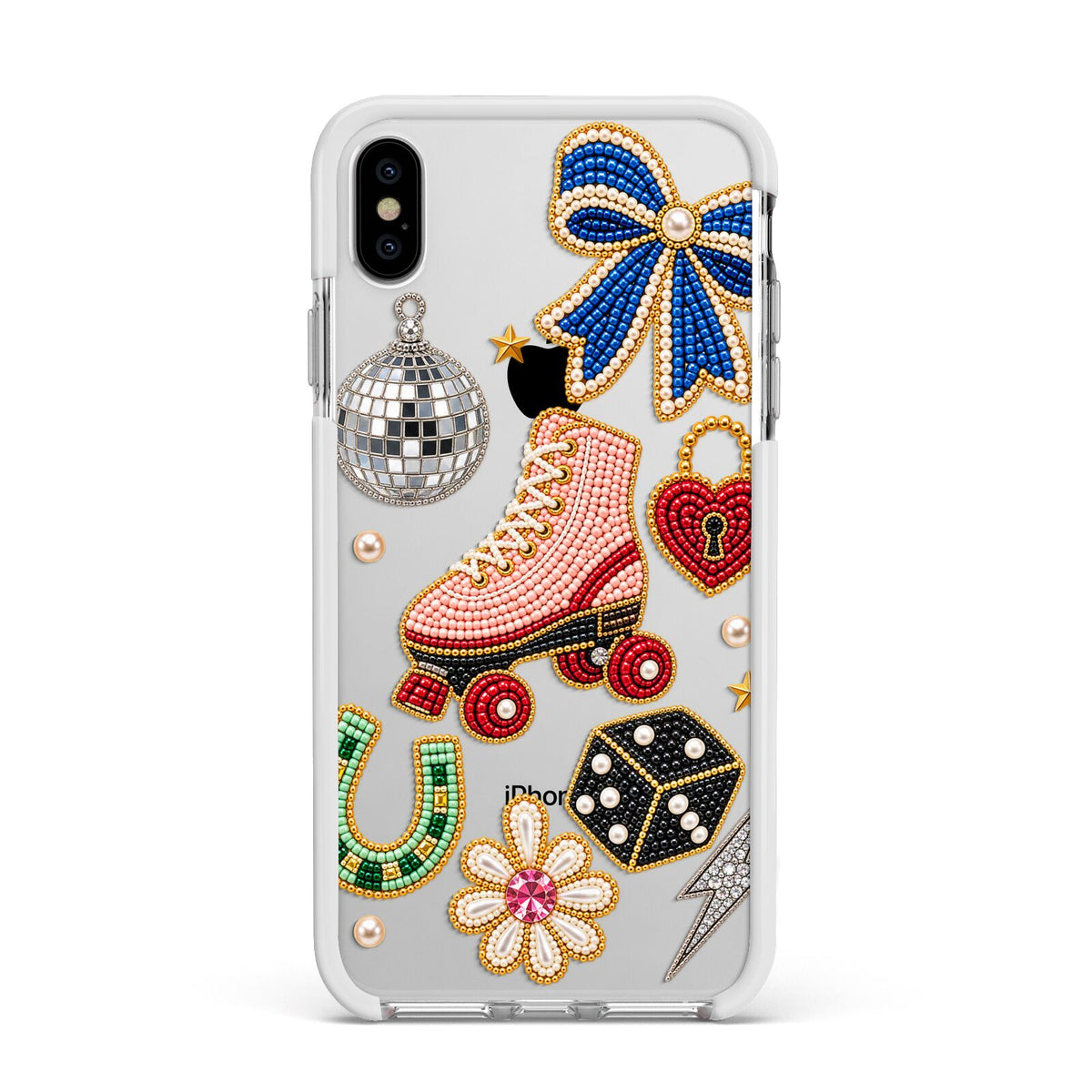 Roller Disco Charms Apple iPhone Xs Max Impact Case White Edge on Silver Phone