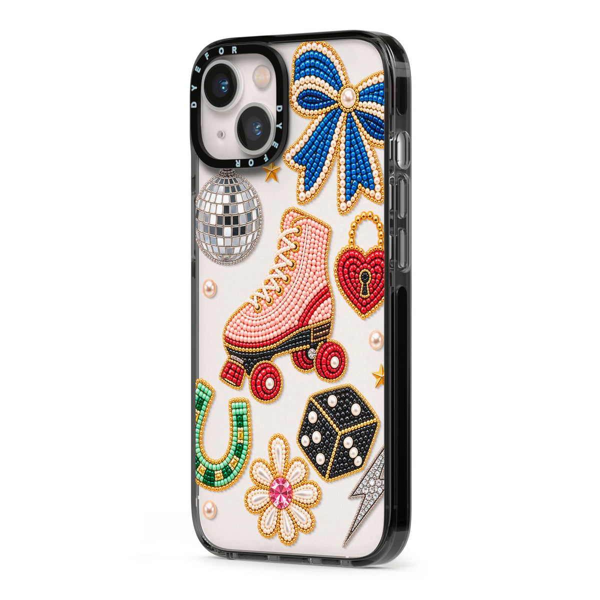 Roller Disco Charms iPhone 13 Black Impact Case Side Angle on Silver phone